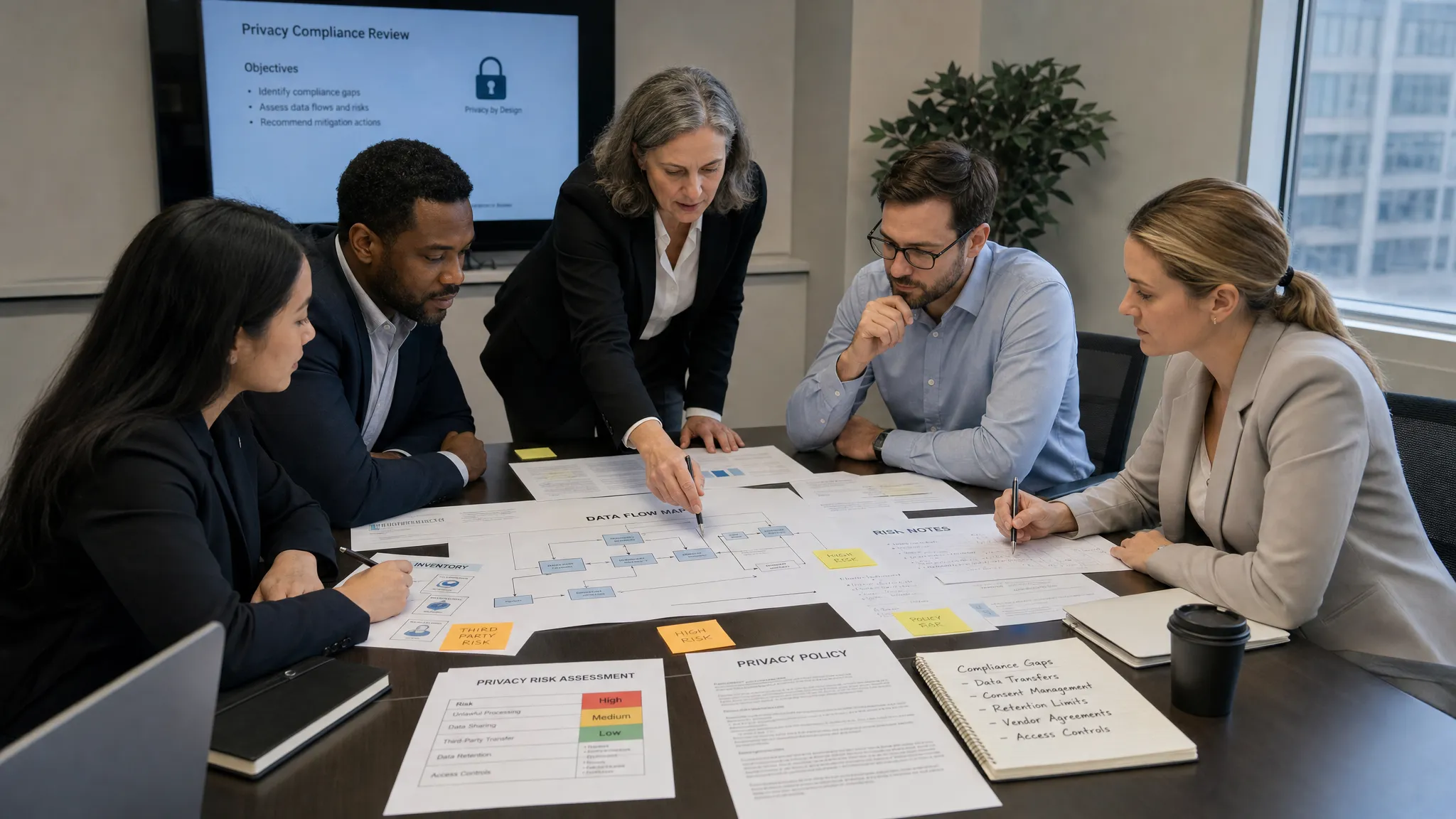 A group of compliance, legal, IT, and operations professionals reviewing printed data flow maps, risk notes, and policy documents on a conference table while identifying privacy compliance gaps.