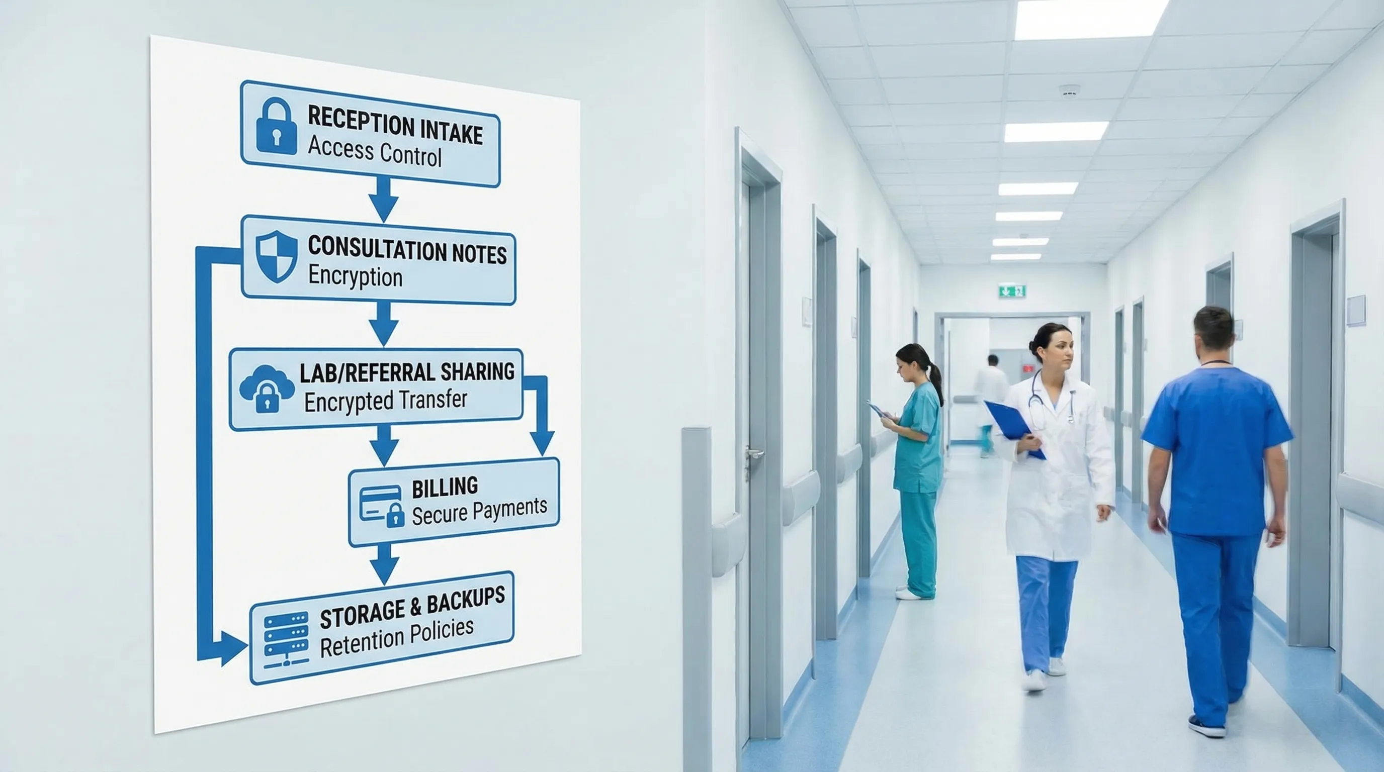 A simple clinic patient-data flow diagram showing intake at reception, consultation room notes, lab/referral sharing, billing, and storage/backups, with security controls labeled at each step such as access control, encryption, and retention.
