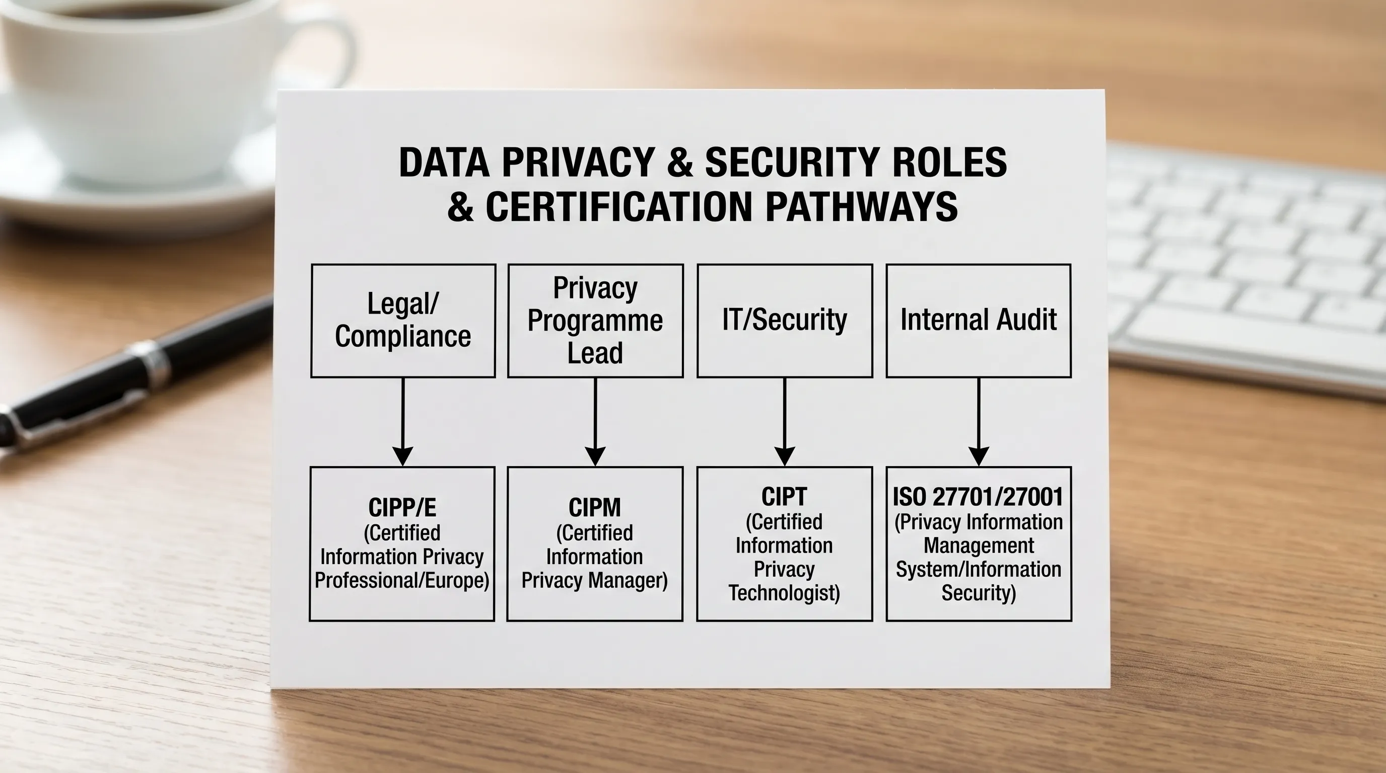 A simple decision flowchart showing four roles (Legal/Compliance, Privacy Programme Lead, IT/Security, Internal Audit) mapping to recommended certifications (CIPP/E, CIPM, CIPT, ISO 27701/27001).