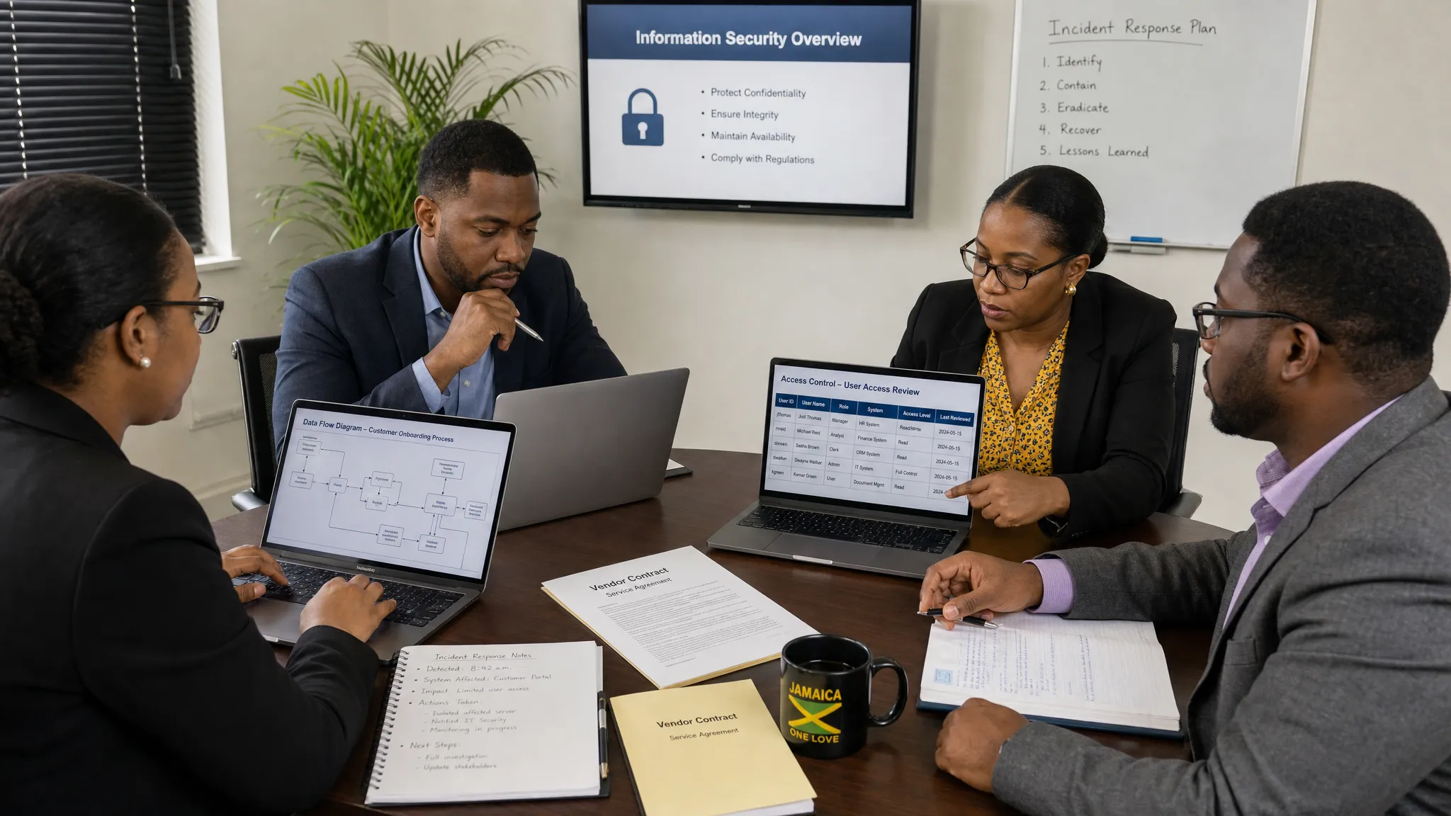 A Jamaican office team reviewing data flow diagrams, access control records, vendor contracts, and incident response notes on a conference table, with the laptops open and screens facing the people using them.