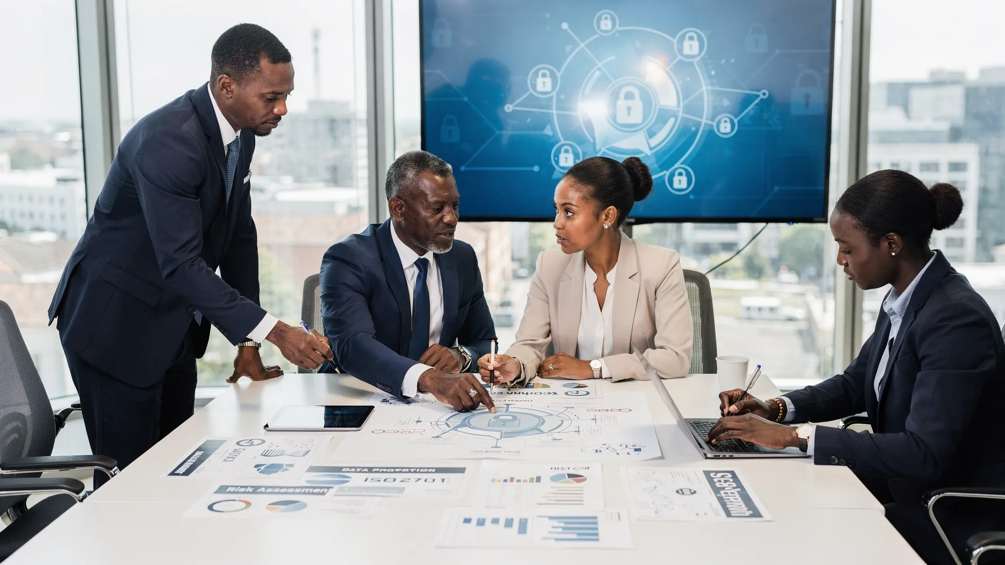 A Jamaican business leadership team reviewing a cybersecurity and compliance framework on a conference table, with documents labelled risk assessment, data protection, ISO 27001 and NIST CSF.
