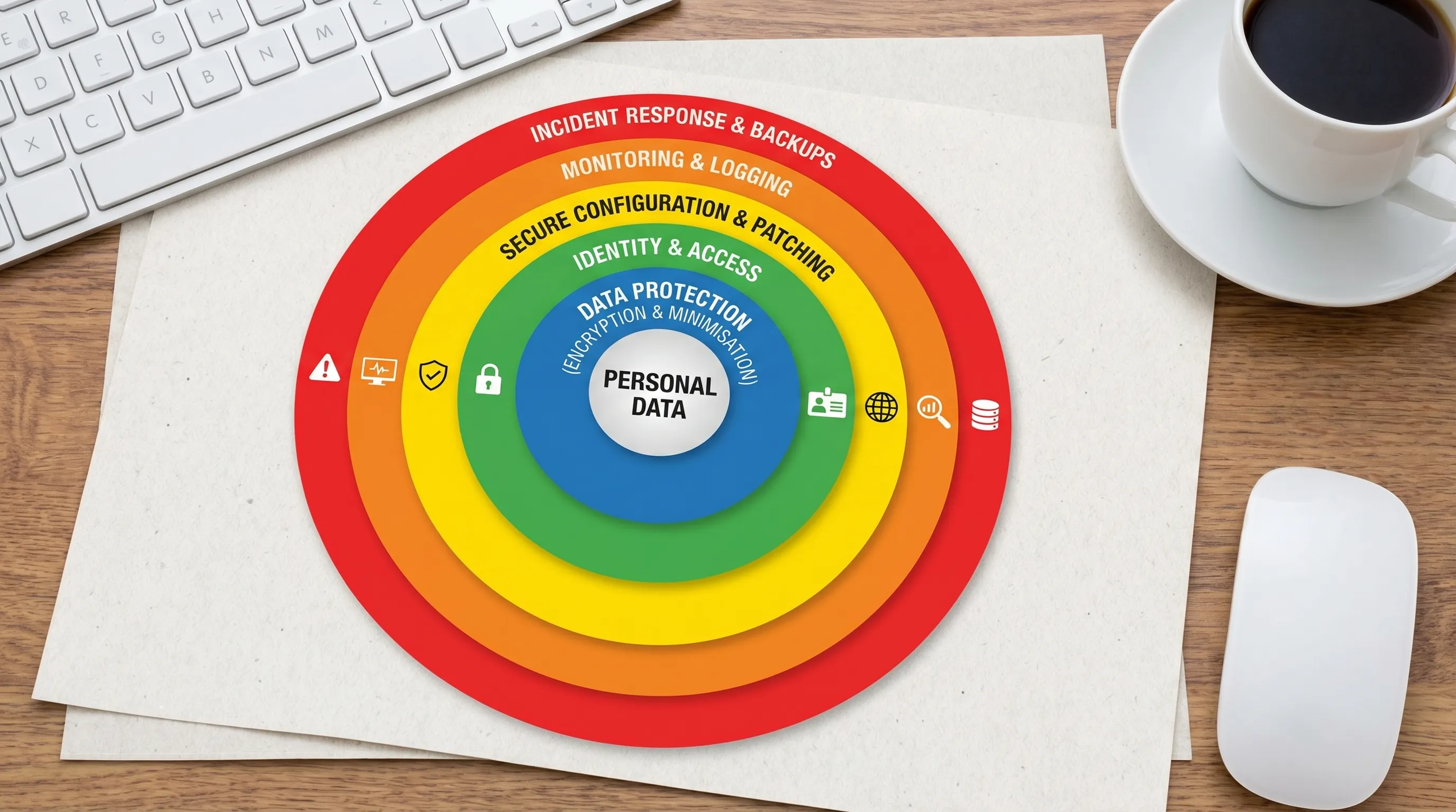 A simple layered diagram showing five cyber security control layers protecting personal data: Identity and access, Secure configuration and patching, Data protection (encryption and minimisation), Monitoring and logging, Incident response and backups...