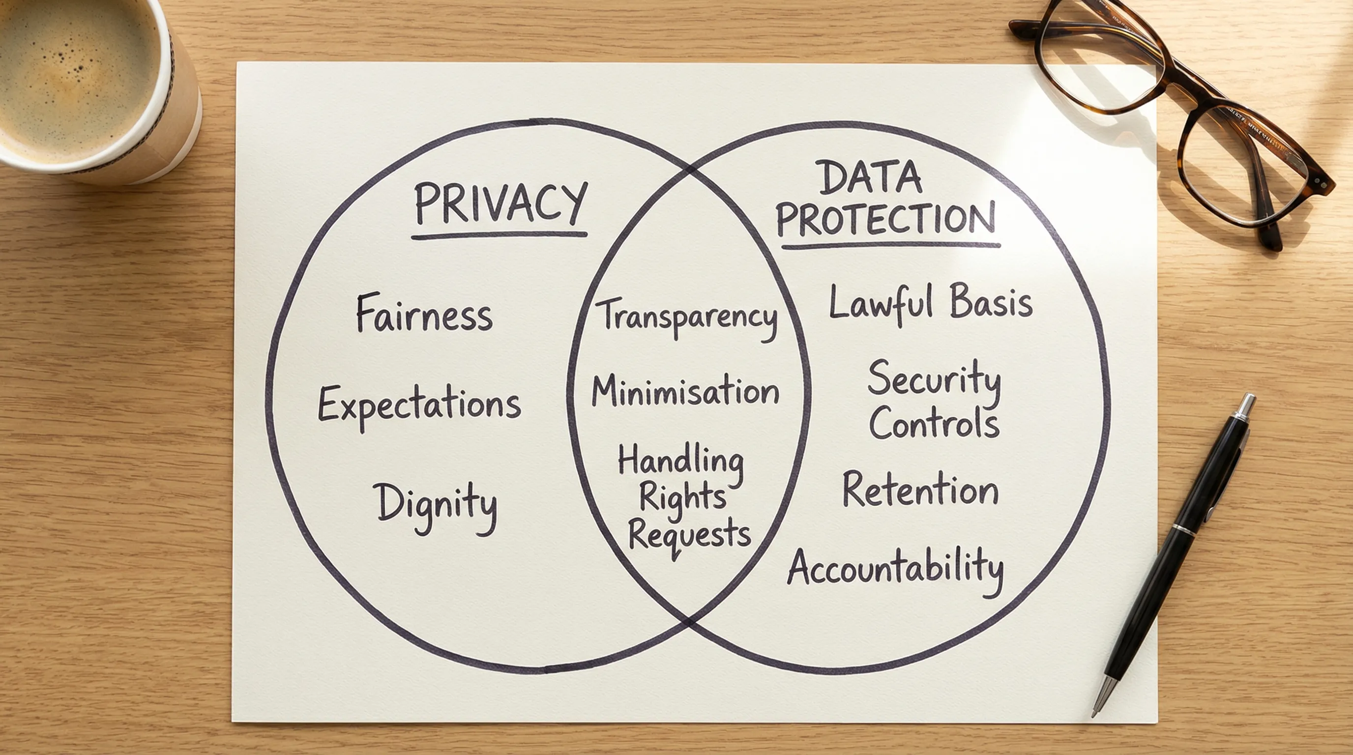 A simple Venn diagram showing “Privacy” and “Data protection” as overlapping circles. Privacy side includes fairness, expectations, and dignity. Data protection side includes lawful basis, security controls, retention, and accountability. The overlap...