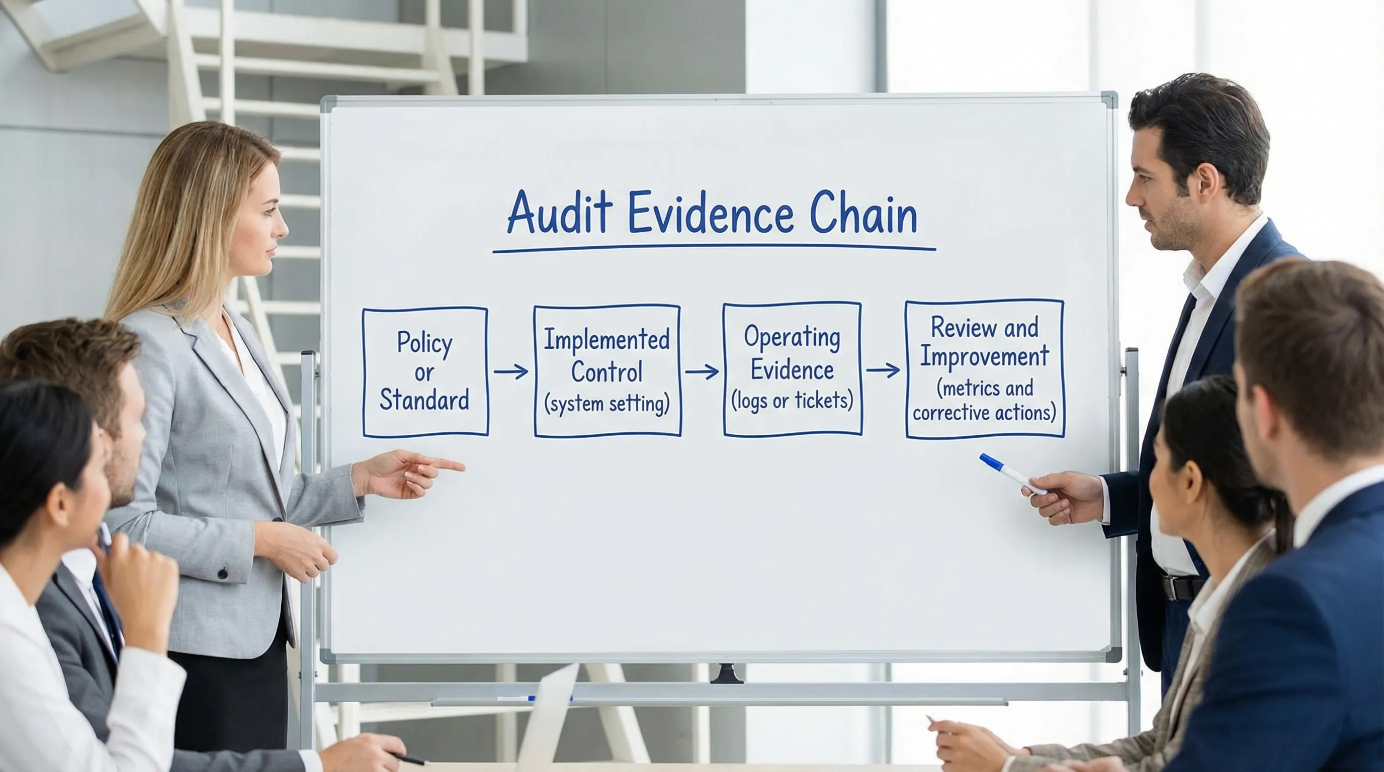 A simple diagram showing an “Audit Evidence Chain” with four boxes connected left to right: Policy or Standard, Implemented Control (system setting), Operating Evidence (logs or tickets), and Review and Improvement (metrics and corrective actions).