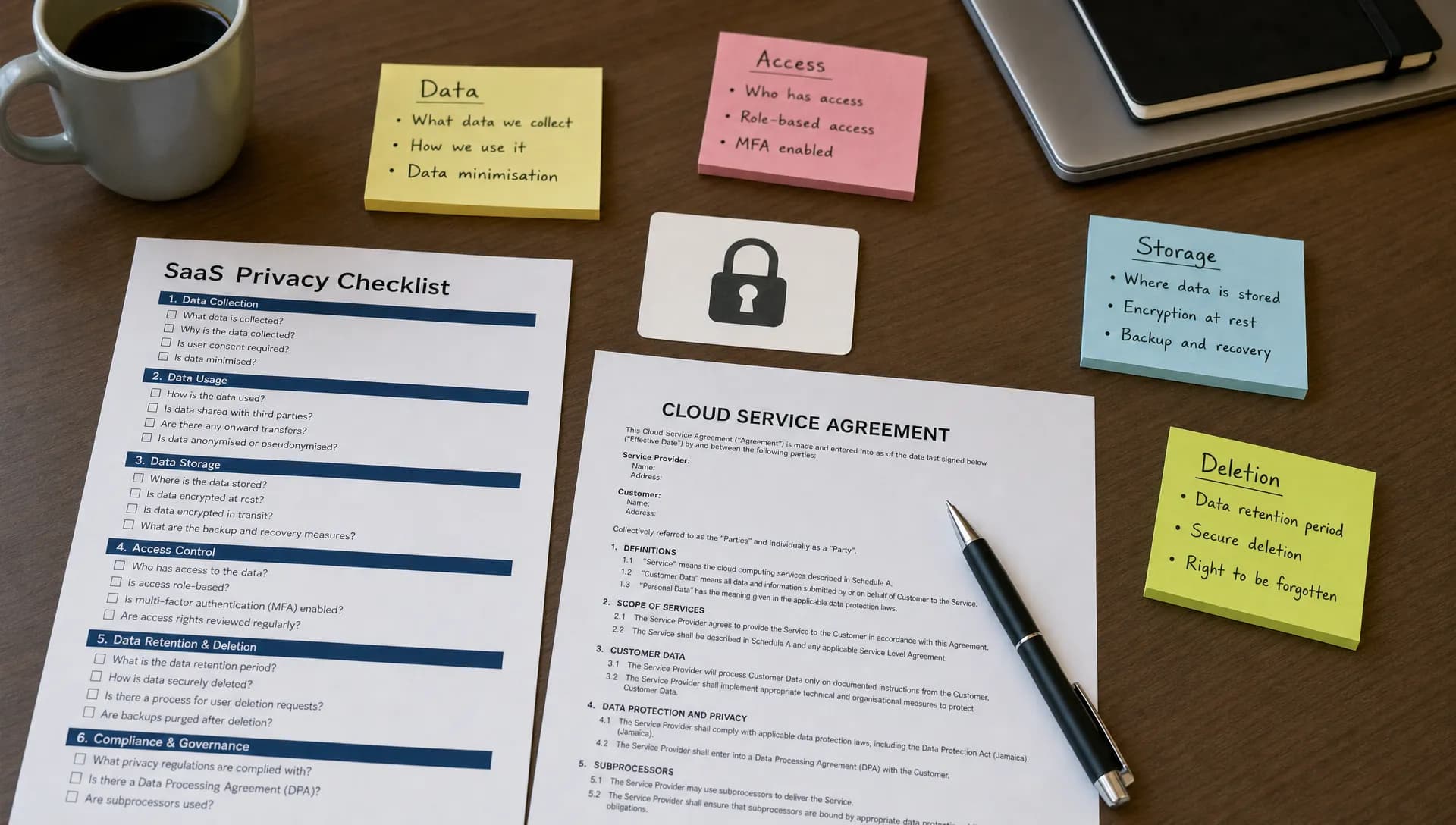 A meeting table with a printed SaaS privacy checklist, a cloud service contract, a lock symbol card and sticky notes on data, access, storage and deletion.