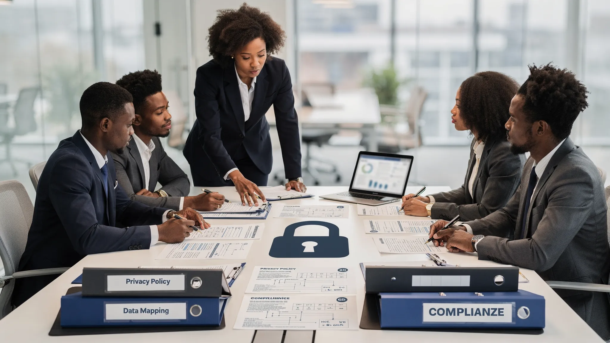 A Jamaican business team reviewing printed privacy documents, data flow notes and compliance checklists around a conference table, with secure file folders and a lock symbol visible on the table.