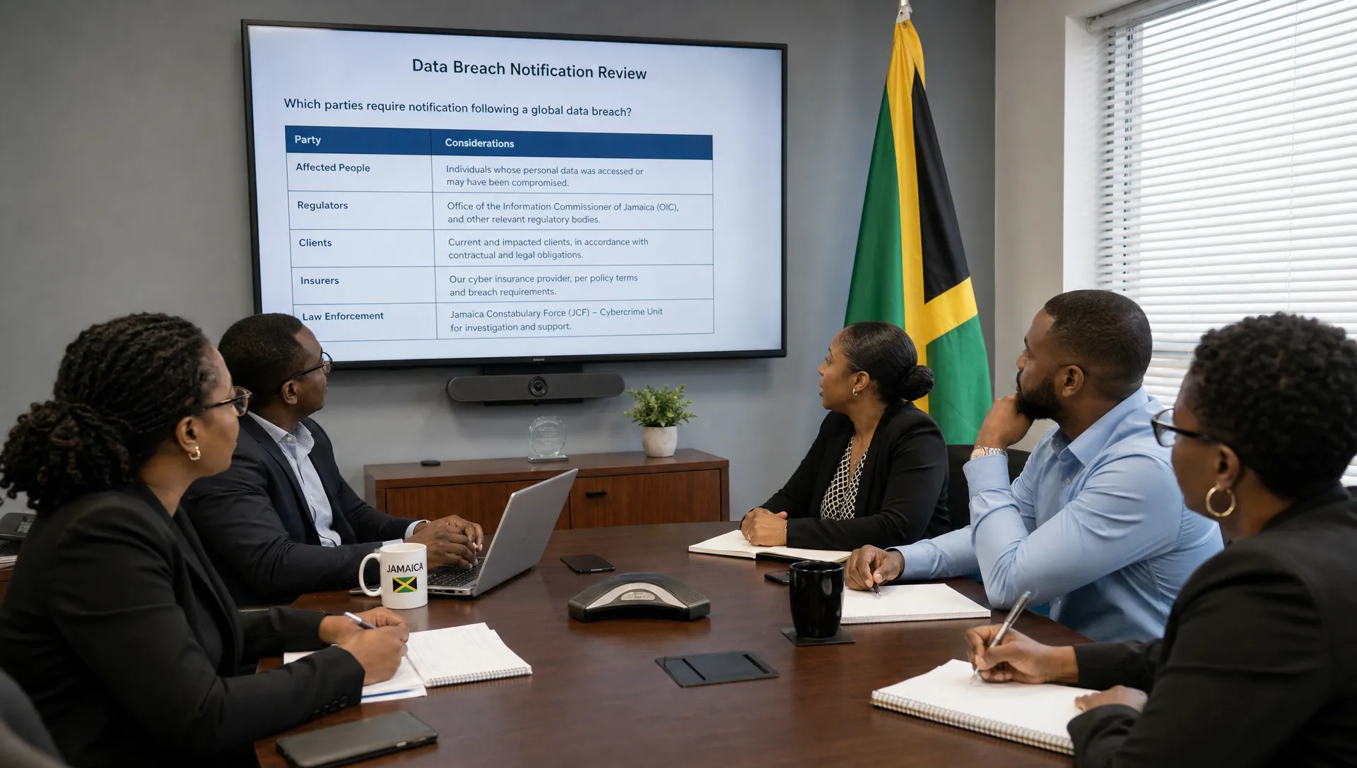 A Jamaican organisation reviews which affected people, regulators, clients, insurers, and law enforcement need notice after a global data breach.