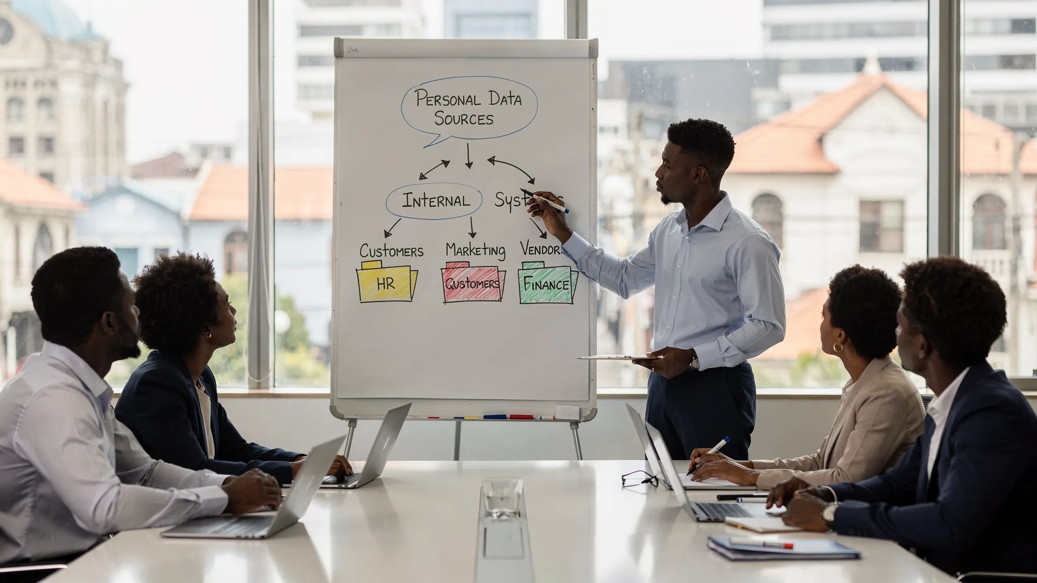 A Jamaican business team in a meeting room reviewing a simple data map on a whiteboard showing sources of personal data, internal systems, and third party vendors, with folders labelled HR, Customers, Marketing, and Finance.
