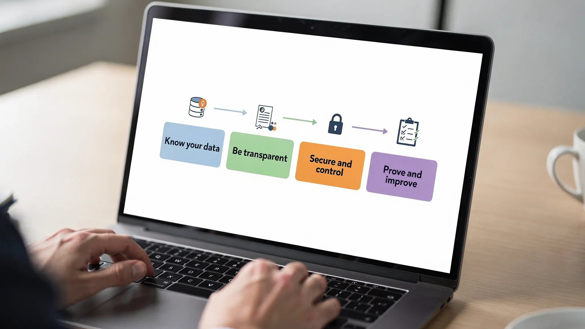 A simple compliance roadmap graphic showing four boxes connected by arrows: “Know your data”, “Be transparent”, “Secure and control”, “Prove and improve”, with small icons for inventory, notice, lock, and checklist.