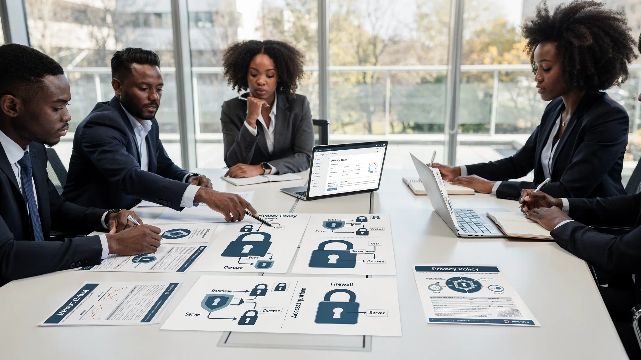 A Jamaican business team reviewing privacy policies and cyber security controls around a conference table, with documents, lock icons, and data flow notes visible on paper.