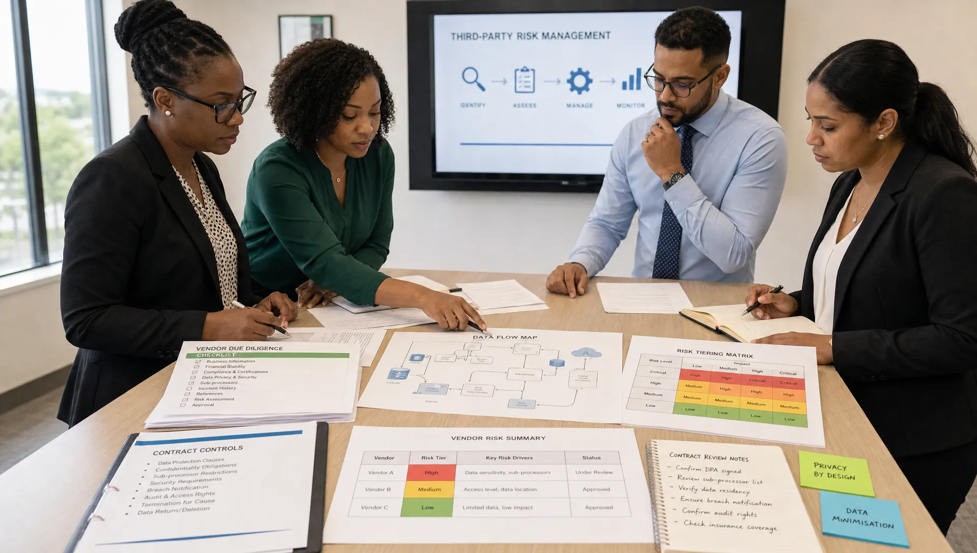 A privacy and compliance team reviewing vendor due diligence documents, a data flow map, a risk tiering matrix, and contract control notes spread across a standing table in a conference room.