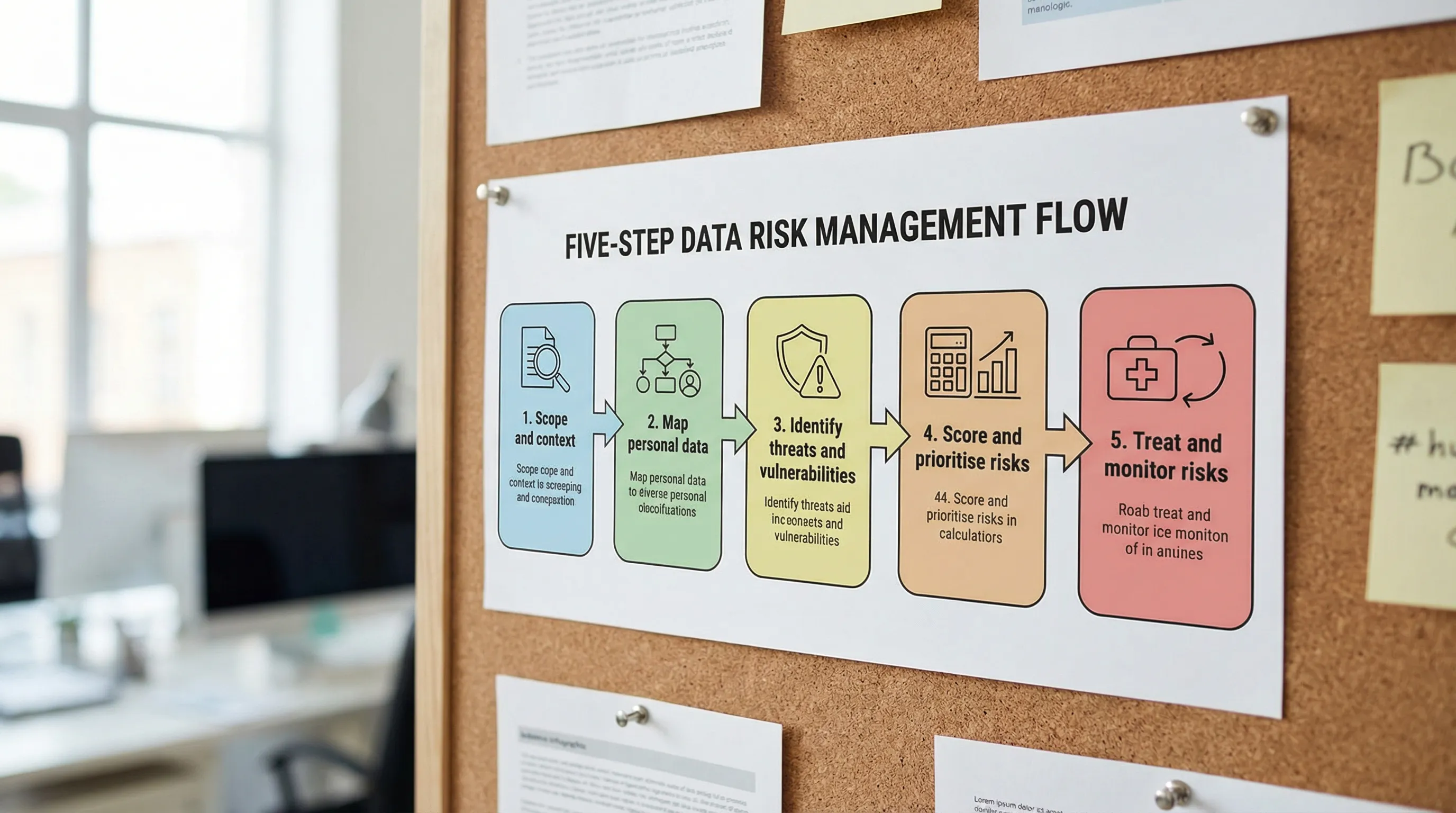 A simple five-step flow diagram showing: Scope and context, Map personal data, Identify threats and vulnerabilities, Score and prioritise risks, Treat and monitor risks.