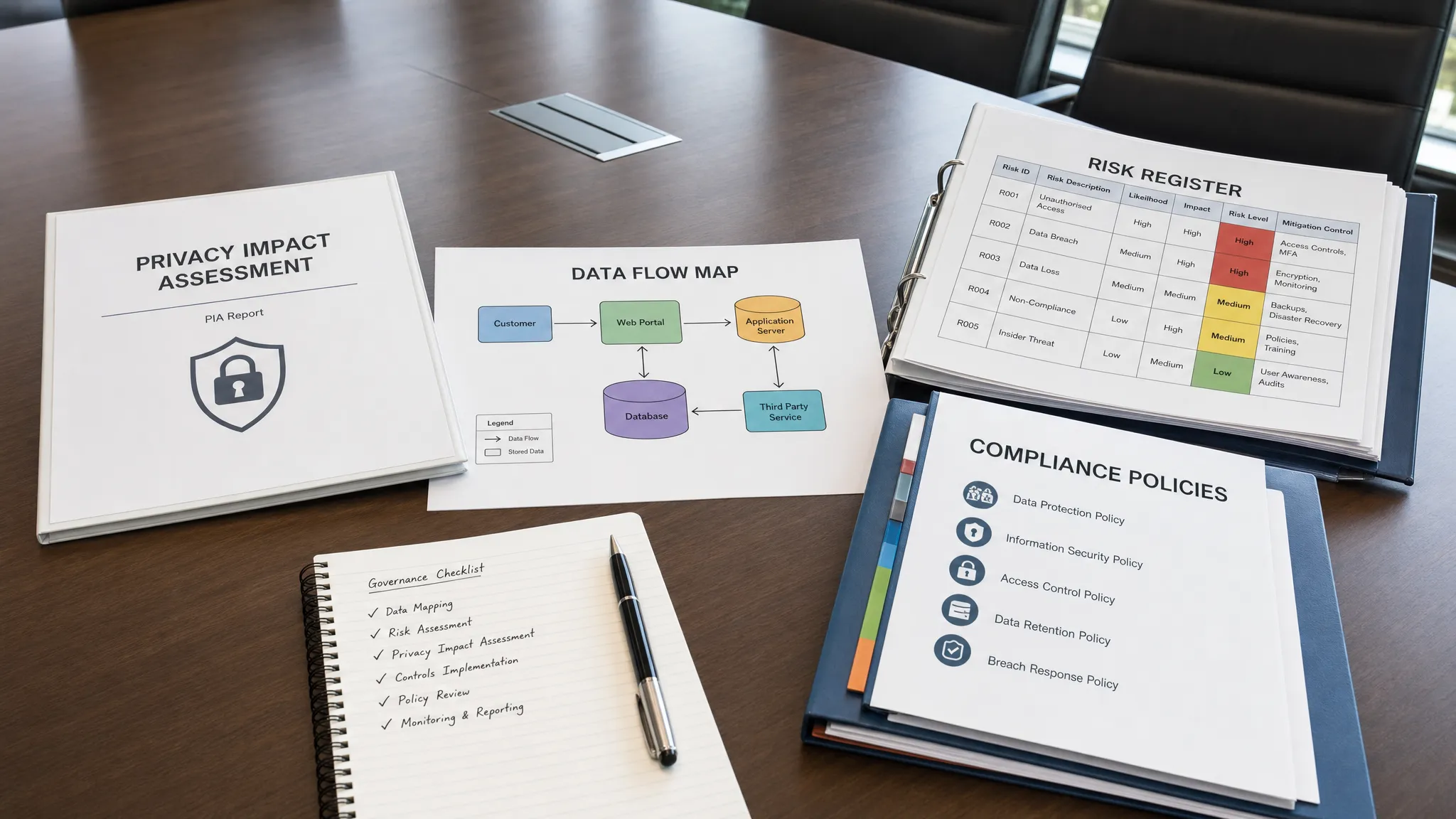 A boardroom table with a privacy impact assessment, a data flow map, a risk register, and compliance policy folders arranged together to show how data protection and governance work side by side, with no people visible.