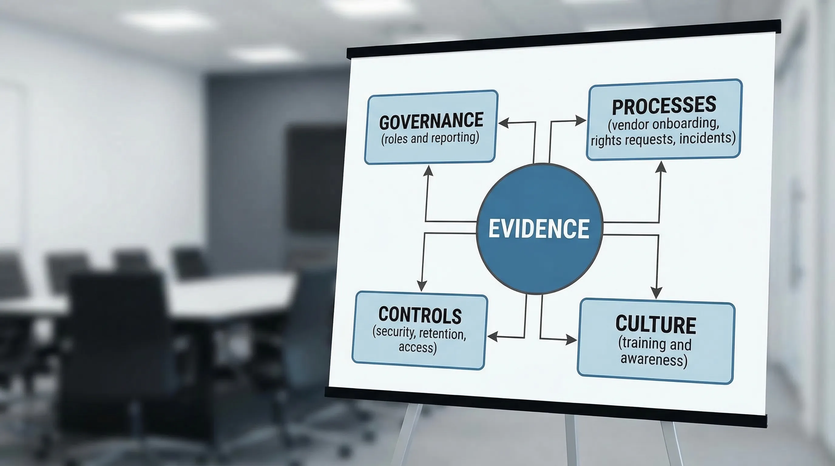 A simple operating model diagram showing four connected pillars: Governance (roles and reporting), Processes (vendor onboarding, rights requests, incidents), Controls (security, retention, access), and Culture (training and awareness), with “Evidence...