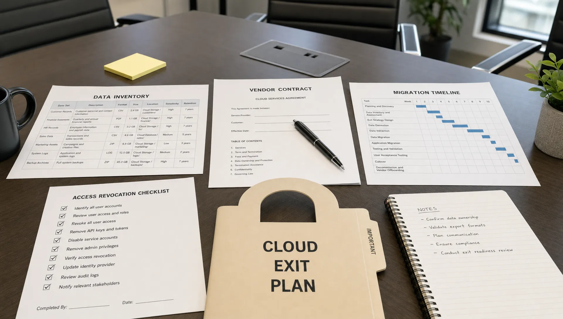 A cloud exit planning workspace with a printed data inventory, vendor contract, migration timeline, access revocation checklist, and a lock-shaped folder arranged on a conference table.