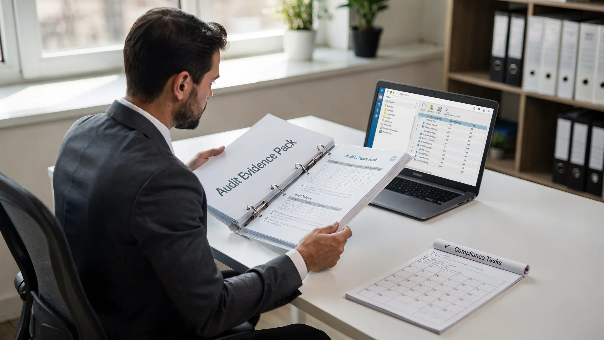 A compliance manager reviewing an “Audit Evidence Pack” binder beside a laptop showing a structured folder of privacy documents, with a calendar and checklist on the desk in a professional office setting.