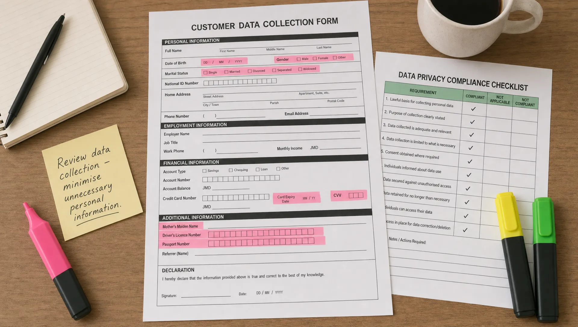 An overhead indoor scene of a compliance review desk with paper data collection forms, a privacy checklist, and coloured markers highlighting unnecessary personal data fields.