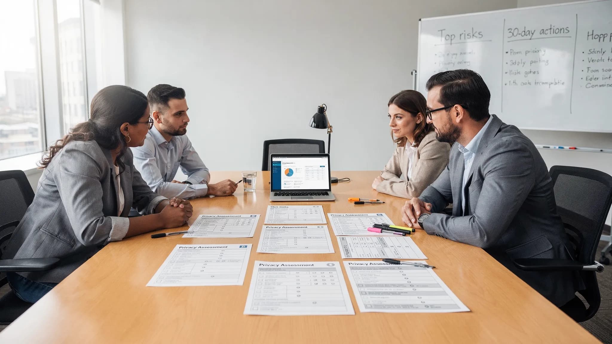 A meeting table scene with a small team reviewing a privacy assessment worksheet, with printed process names, a laptop open facing the team, and a whiteboard listing “Top risks” and “30-day actions”.