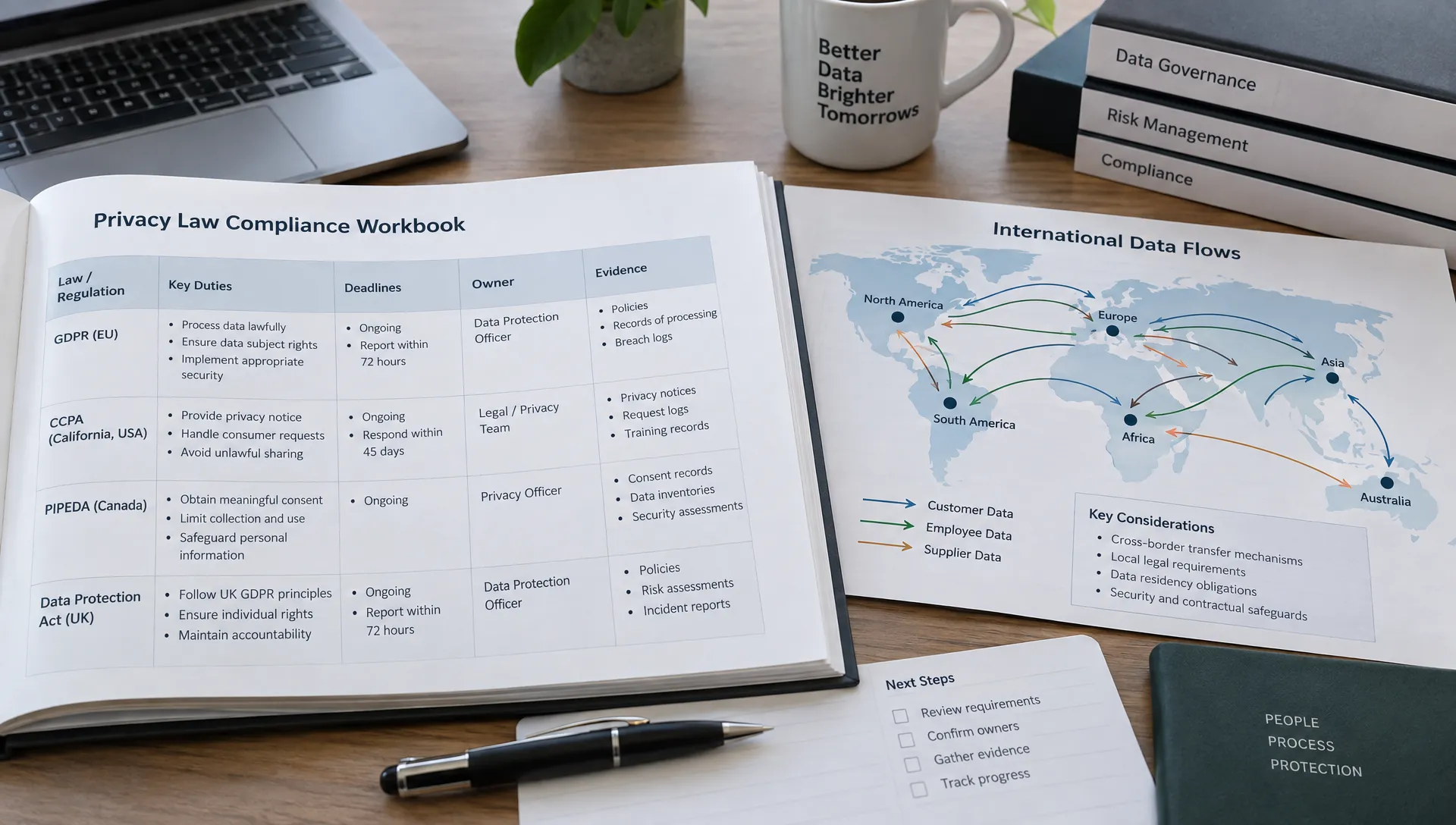 A compliance workbook compares privacy-law duties, deadlines, owners and evidence beside a map tracing international data flows.