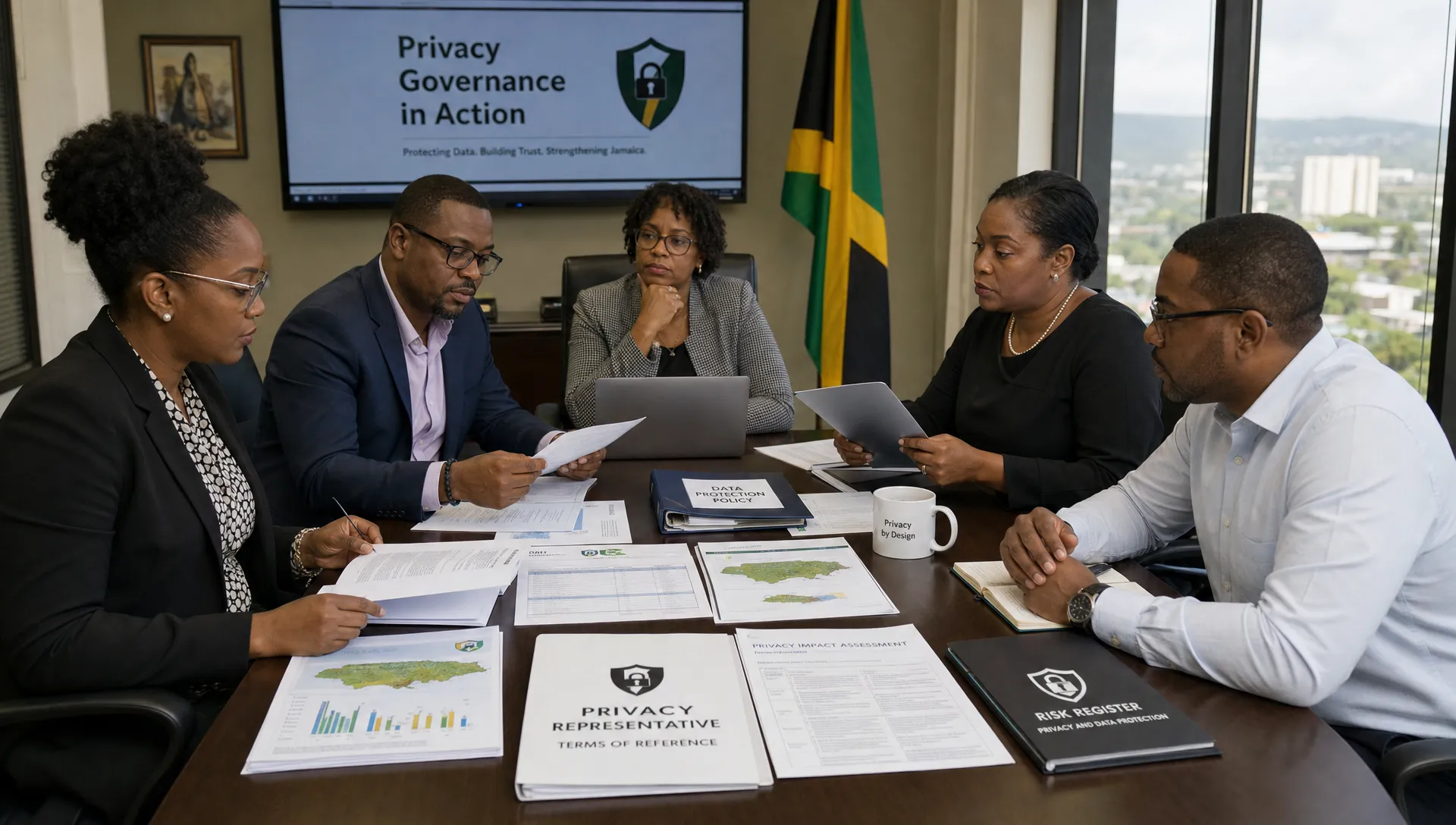 A Jamaican office team reviews privacy representative papers, printed data maps, policy folders, and a risk register around a conference table.