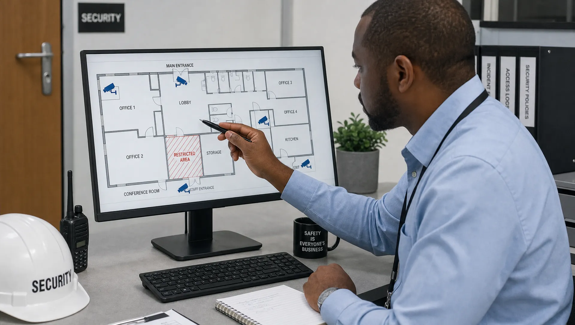 A business security manager reviewing camera placement on a building floor plan with CCTV signs marked at entrances and restricted areas.