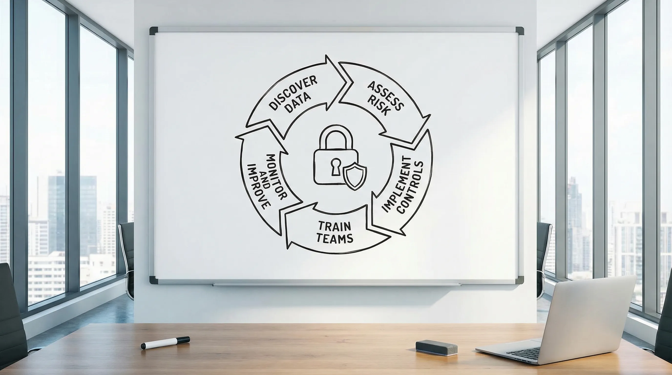 A simple lifecycle graphic of a privacy programme: Discover data, Assess risk, Implement controls, Train teams, Monitor and improve, with arrows forming a loop.