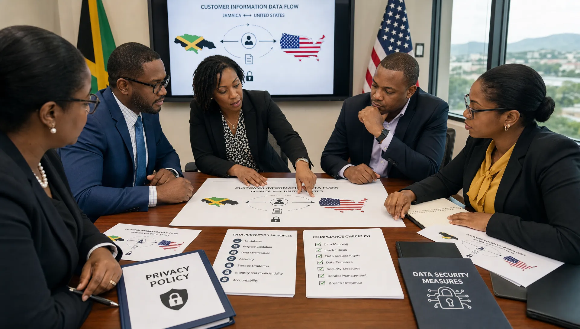 A Jamaican business team reviewing printed data flow maps showing customer information moving between Jamaica and the United States, with privacy documents, compliance checklists and security icons arranged on a conference table.