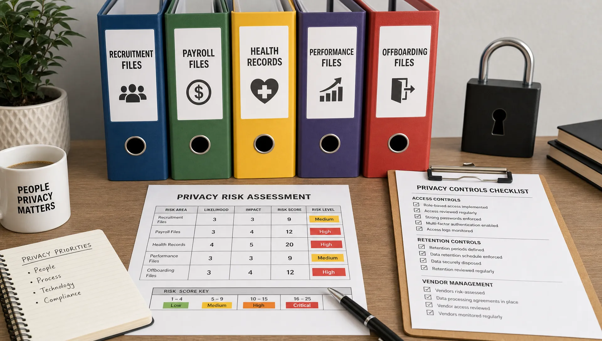 Organised HR privacy risk assessment materials showing folders for recruitment, payroll, health records, performance files and offboarding, with a lock symbol, a risk scoring sheet and a checklist for access, retention and vendors.
