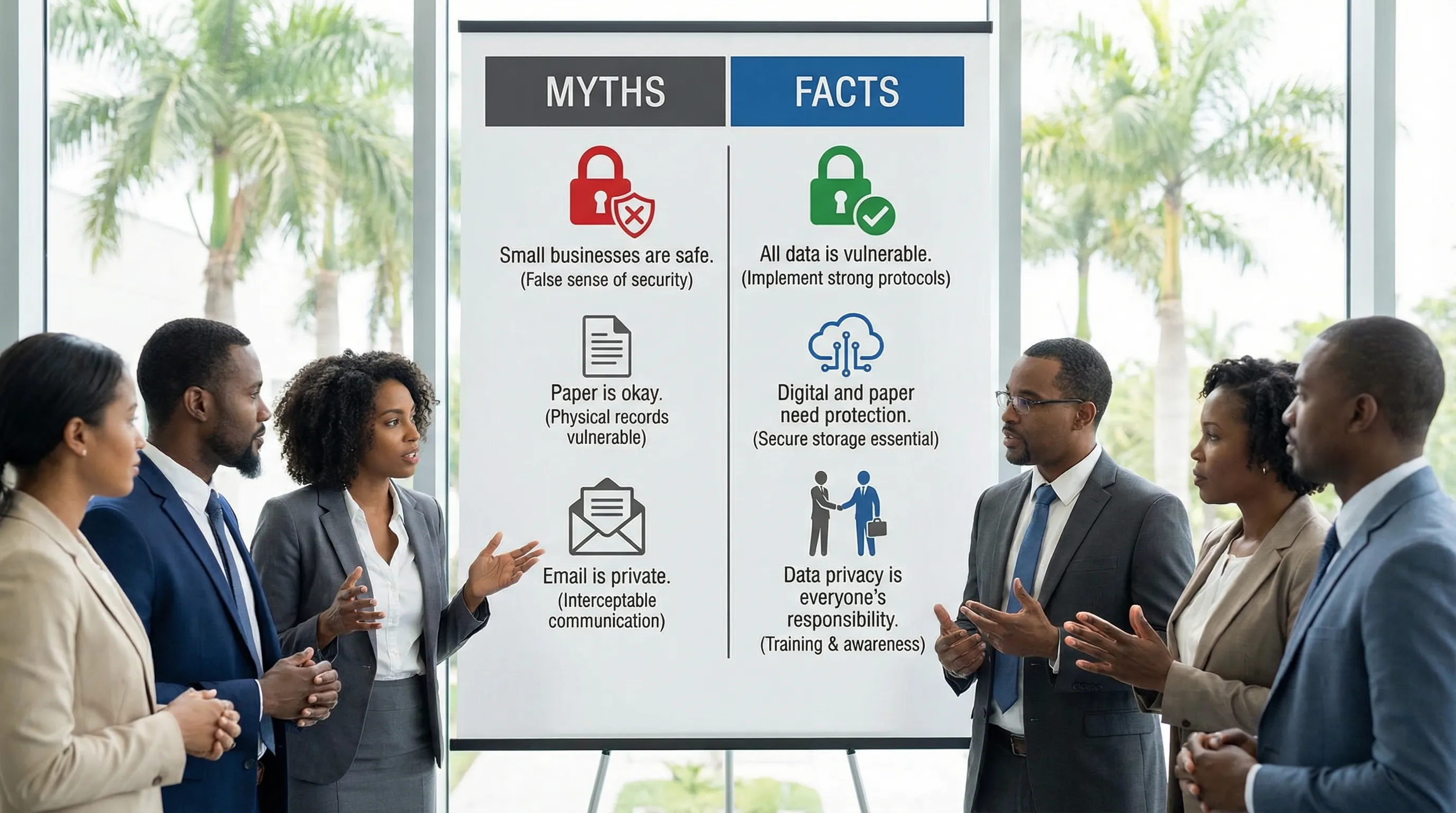 A simple two-column illustration labelled “Myths” and “Facts” with icons like a padlock, document, email, cloud, and people, showing common data privacy misconceptions being corrected in a Jamaican business context.