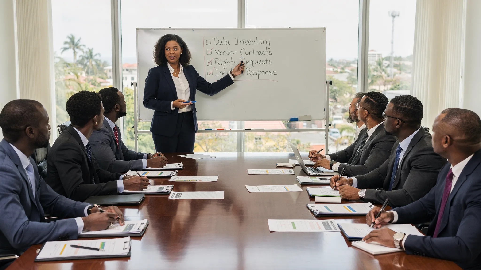 A Jamaican business meeting scene with a compliance lead presenting a simple checklist to executives around a conference table, with printed documents and a whiteboard showing “Data Inventory, Vendor Contracts, Rights Requests, Incident Response”.