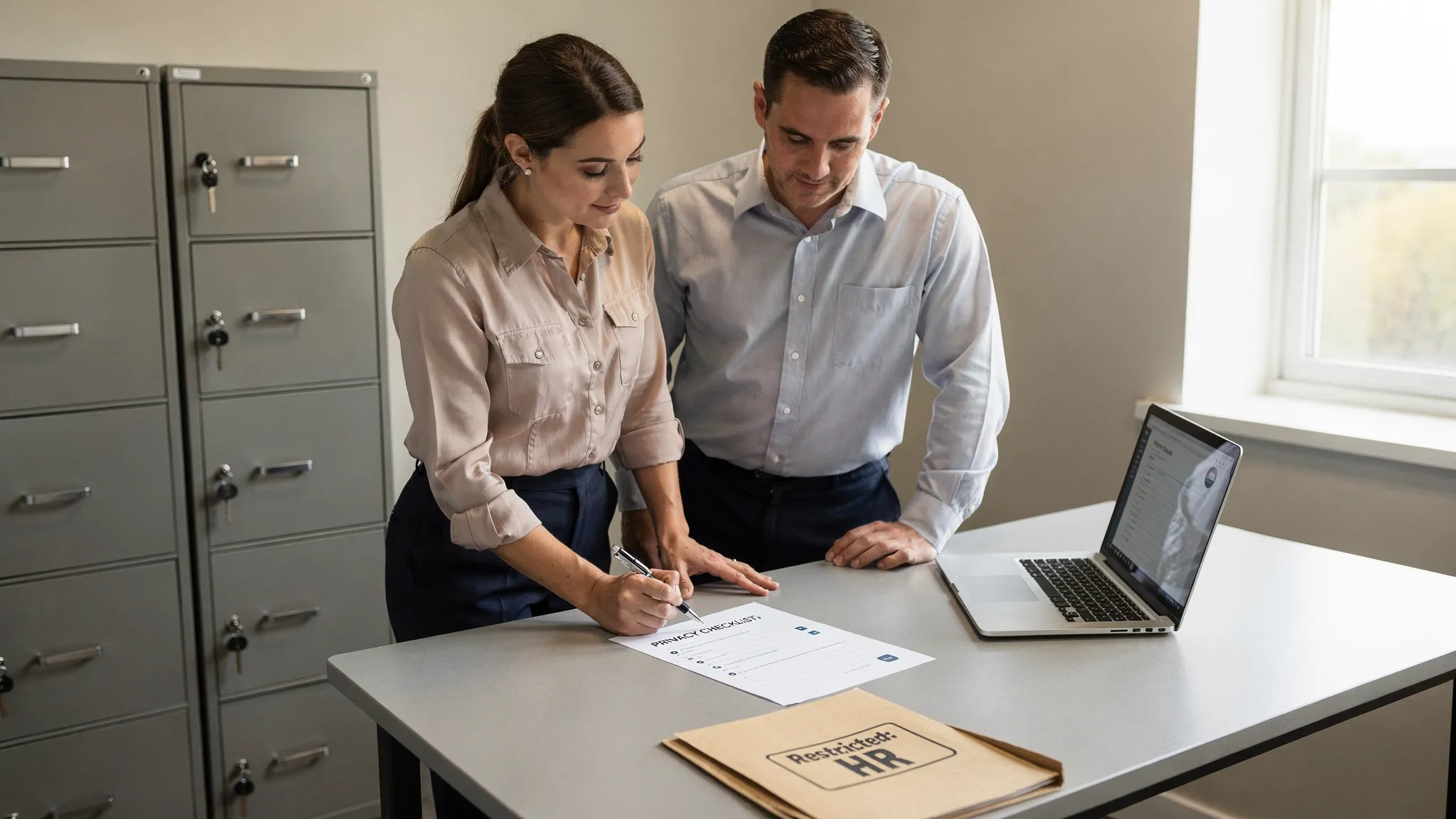 A small business office scene where two staff members review a printed privacy checklist beside locked filing cabinets and a laptop (screen facing the correct direction), with a labelled “Restricted: HR” folder visible.