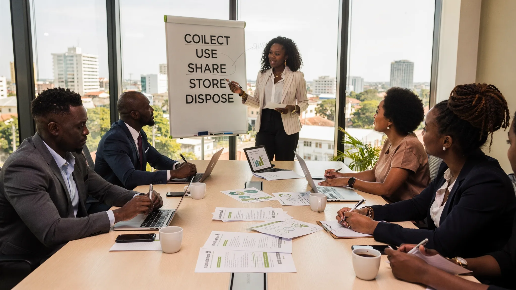 A facilitated training session in a Jamaican office meeting room, with a small group discussing printed case studies about handling personal data, and a whiteboard listing “Collect, Use, Share, Store, Dispose”.