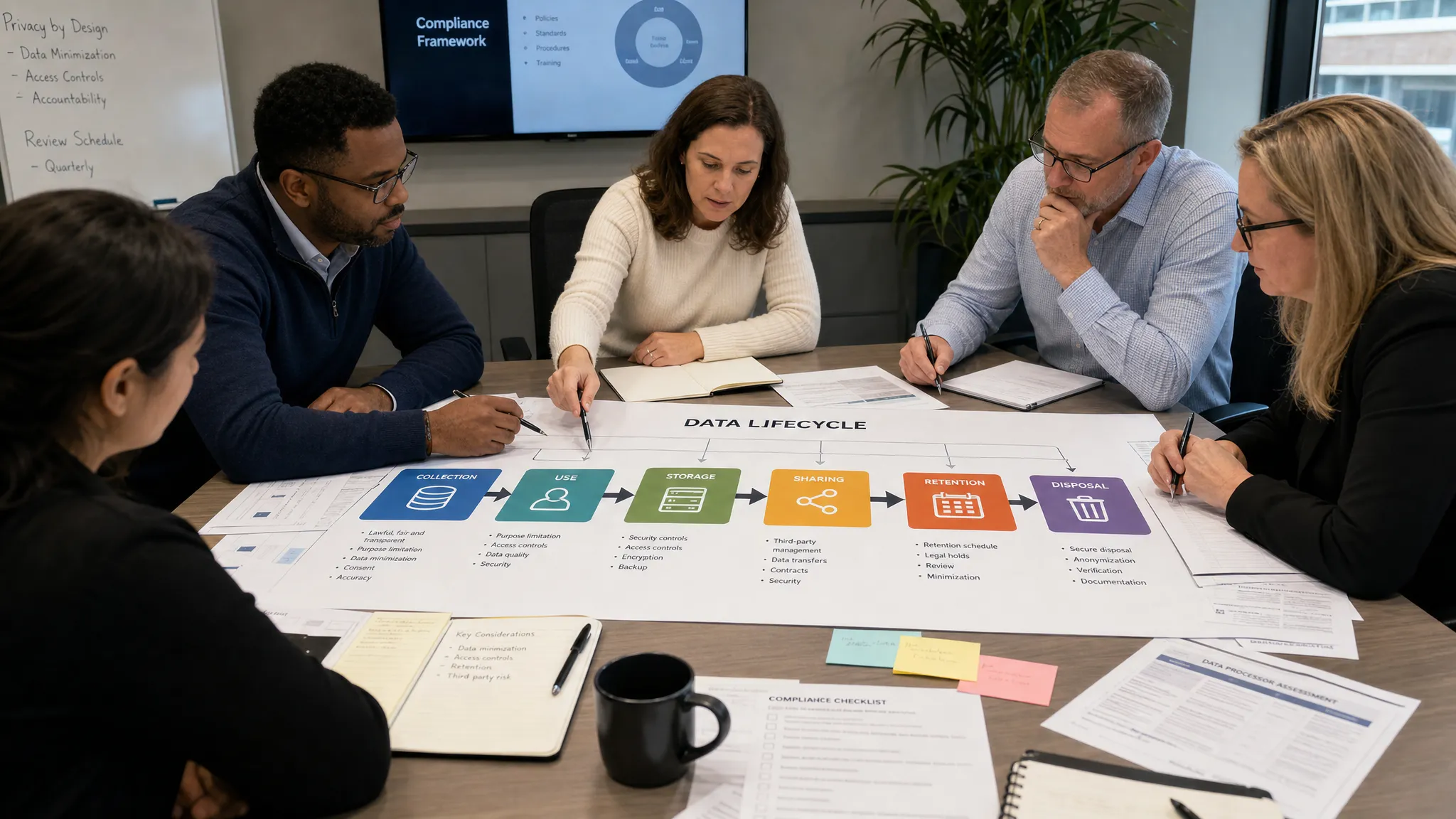 A compliance team reviewing a data lifecycle map on a meeting table with labelled stages for collection, use, storage, sharing, retention, and disposal, with printed notes and pens spread around the diagram.