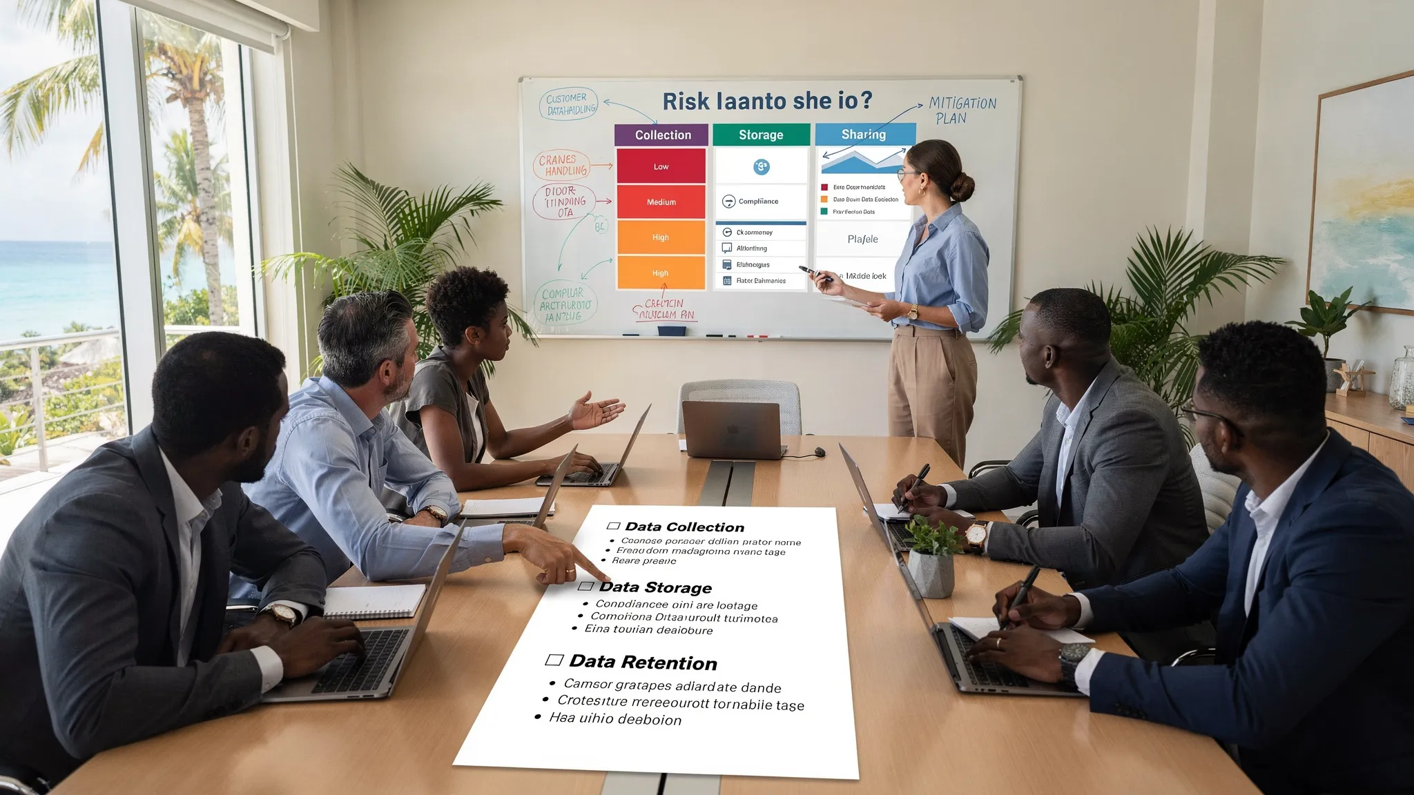 A business team in a meeting reviewing a printed checklist and a risk dashboard on a whiteboard, discussing customer data handling across collection, storage, sharing, and retention, in a Caribbean office setting.