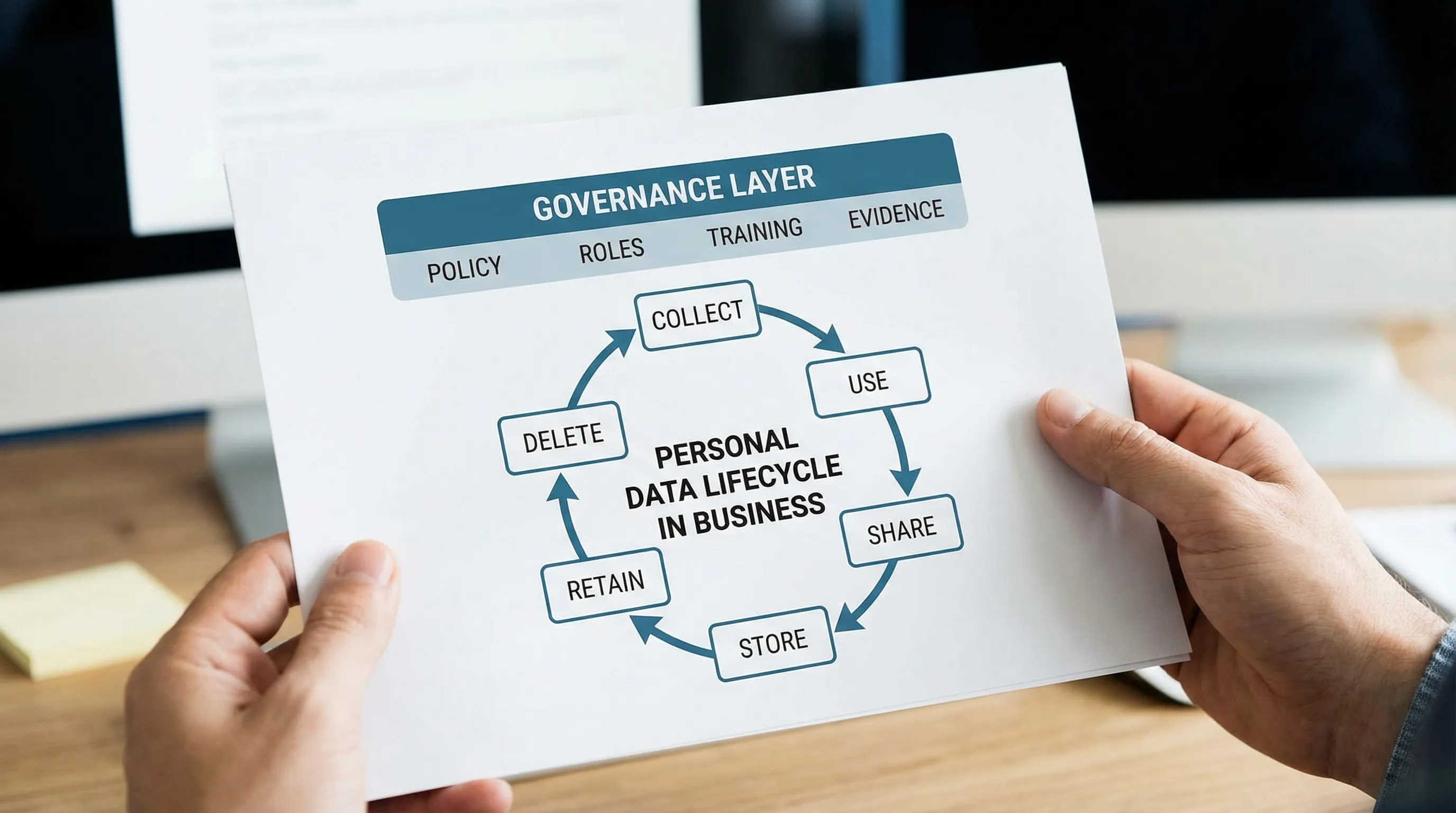 A simple diagram showing the personal data lifecycle in a business: collect, use, share, store, retain, delete, with a governance layer on top labelled policy, roles, training, and evidence.