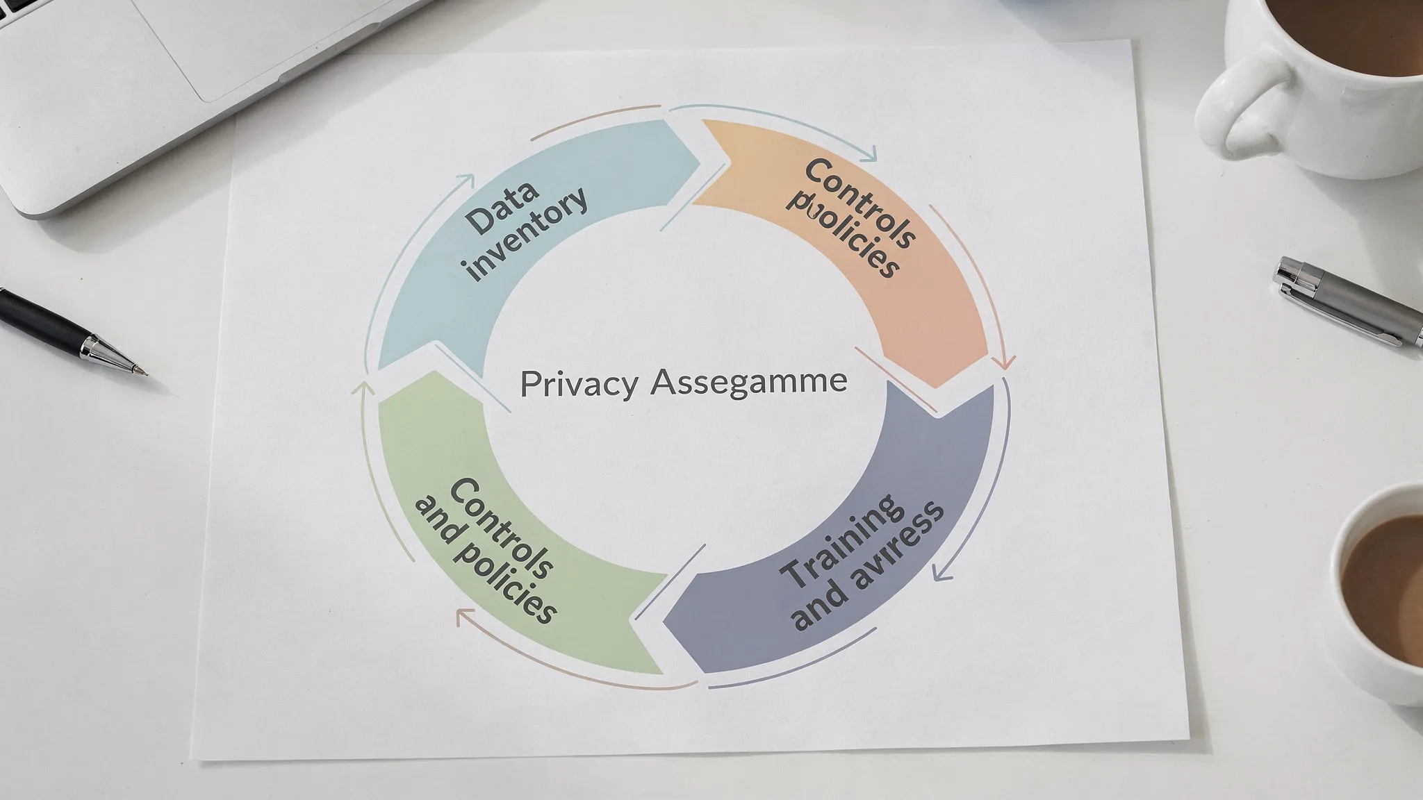 A simple diagram showing a privacy programme cycle with five labelled steps in a circle: Data inventory, Risk assessment, Controls and policies, Training and awareness, Monitoring and improvement.