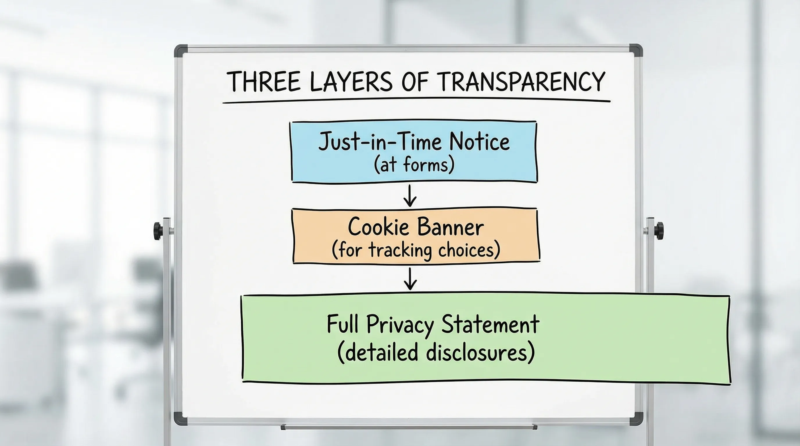 Simple diagram showing three layers of transparency: just-in-time notice at forms, cookie banner for tracking choices, and full privacy statement for detailed disclosures.