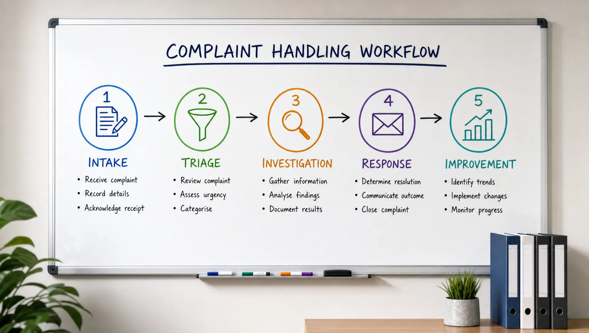 A workflow board shows five connected steps for complaint handling: intake, triage, investigation, response and improvement.