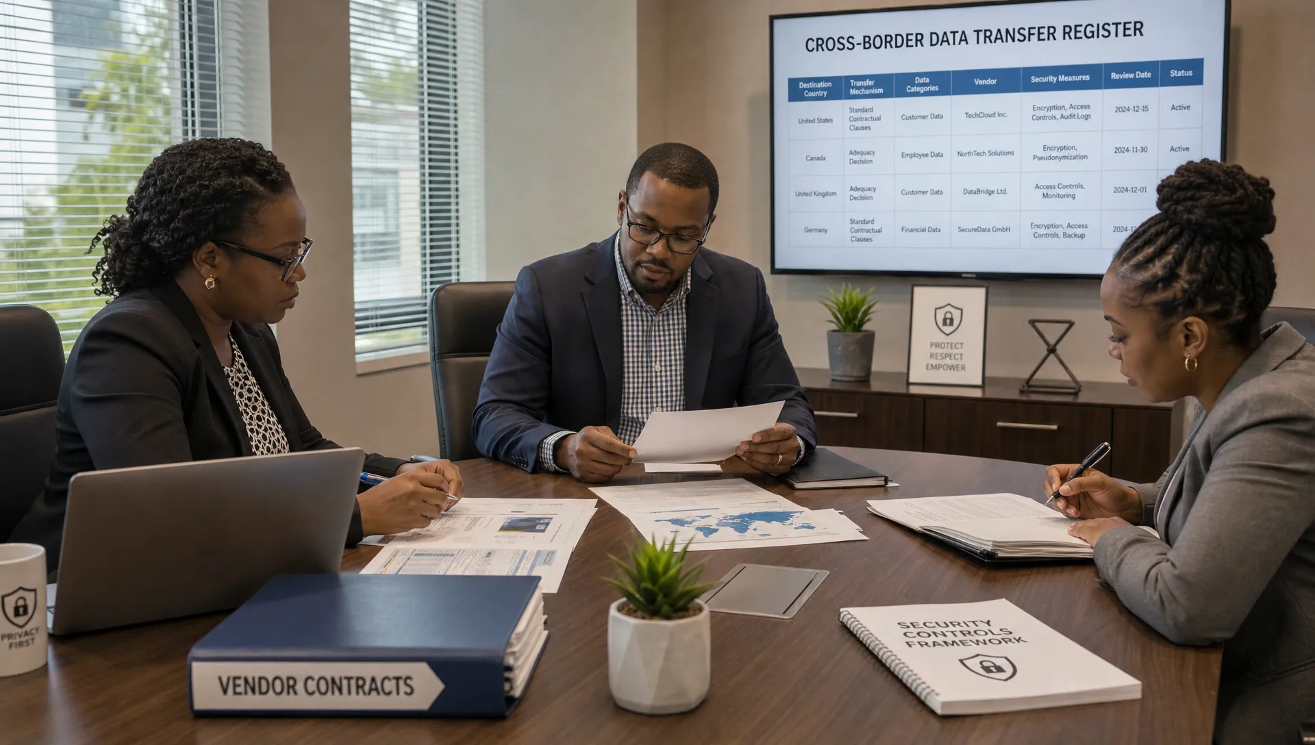 A privacy compliance team reviews a cross-border data transfer register with vendor contracts and security controls on a conference table.