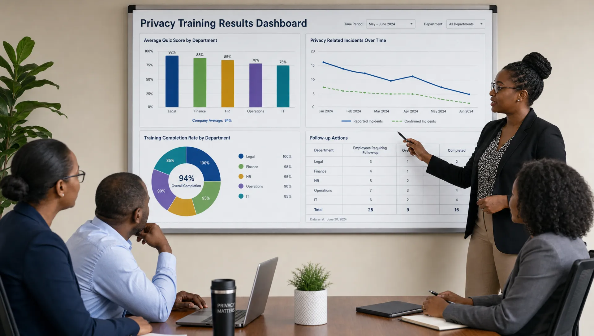 A compliance team reviews a simple privacy training results dashboard on a wall board, with charts showing quiz scores, incident trends, and follow-up actions for different departments.