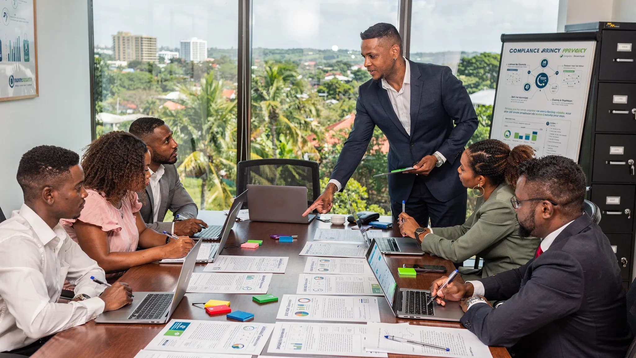 A professional team in a Jamaican office reviewing printed privacy documents, laptops, access cards, and a locked filing cabinet as they plan data protection security improvements.