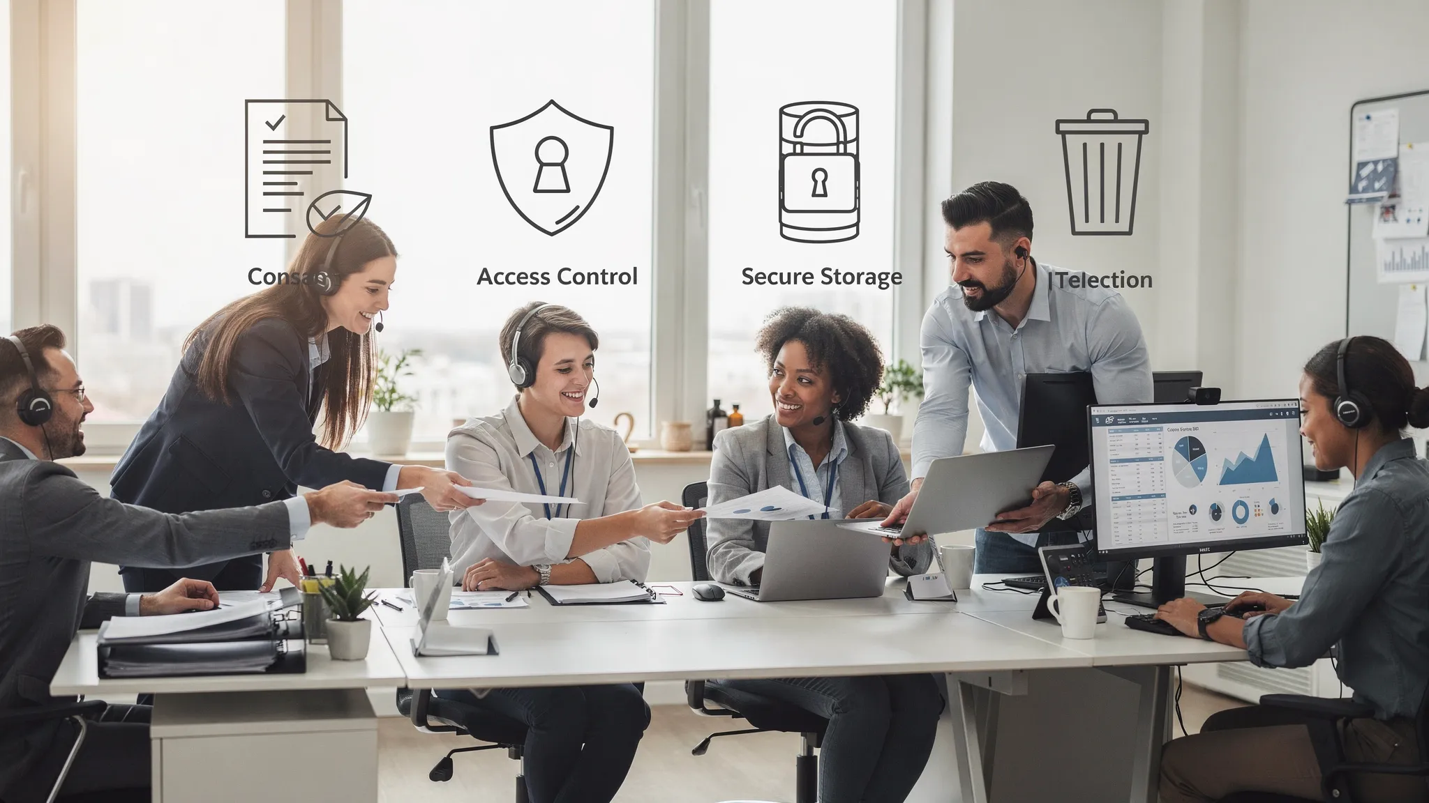 A simple office scene showing different teams (HR, customer service, IT, marketing) handing off documents and a laptop, with icons representing consent, access control, secure storage, and deletion along a data lifecycle.