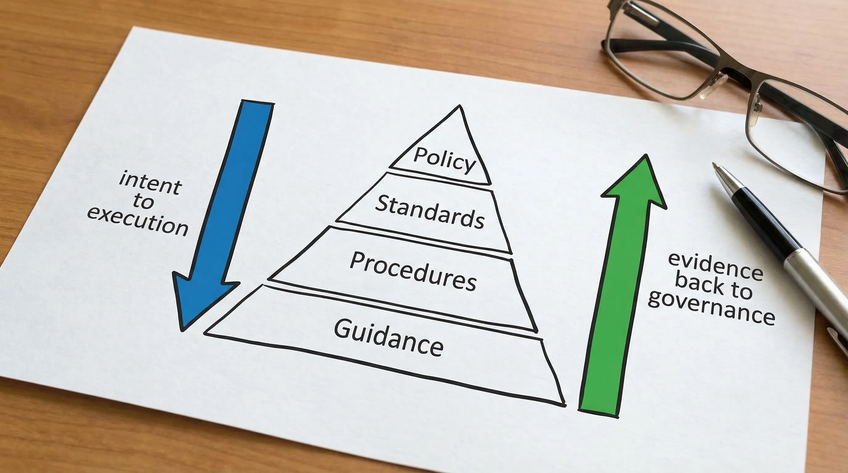 A simple diagram showing a four-level policy hierarchy pyramid: Policy at the top, then Standards, then Procedures, then Guidance, with arrows showing “intent to execution” and “evidence back to governance”.