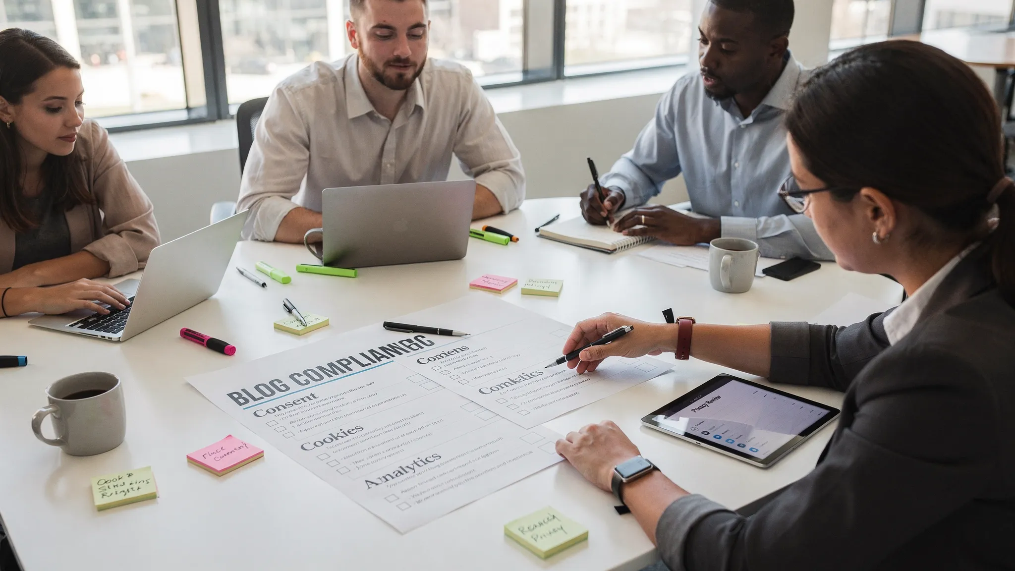 A privacy-focused content team reviewing a blog checklist with sections for consent, cookies, comments, analytics, retention and reader rights on a meeting table.