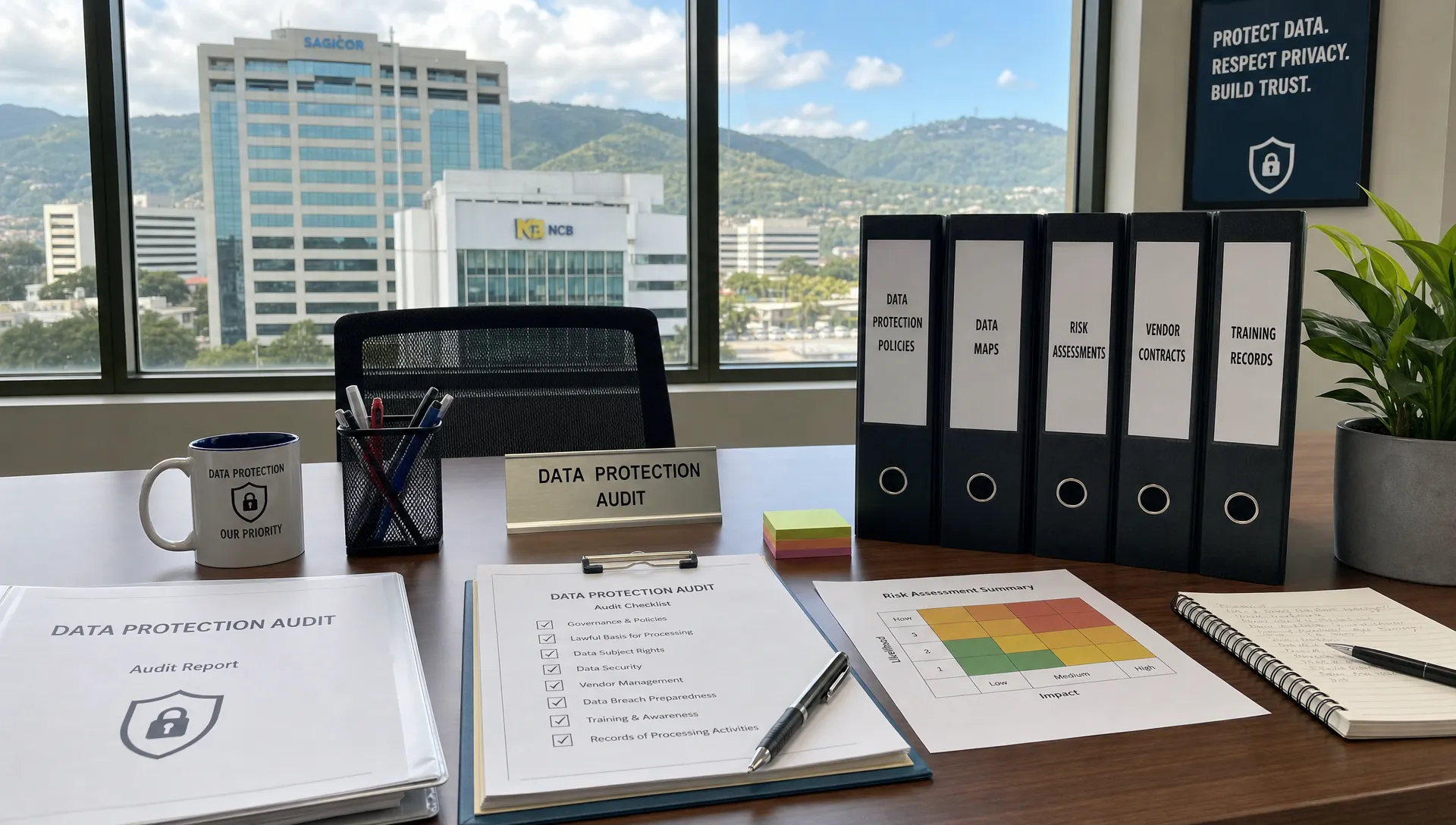 A conference table with organised data protection audit documents, labelled folders for policies, data maps, risk assessments, vendor contracts and training records, with Kingston office buildings visible through a window.