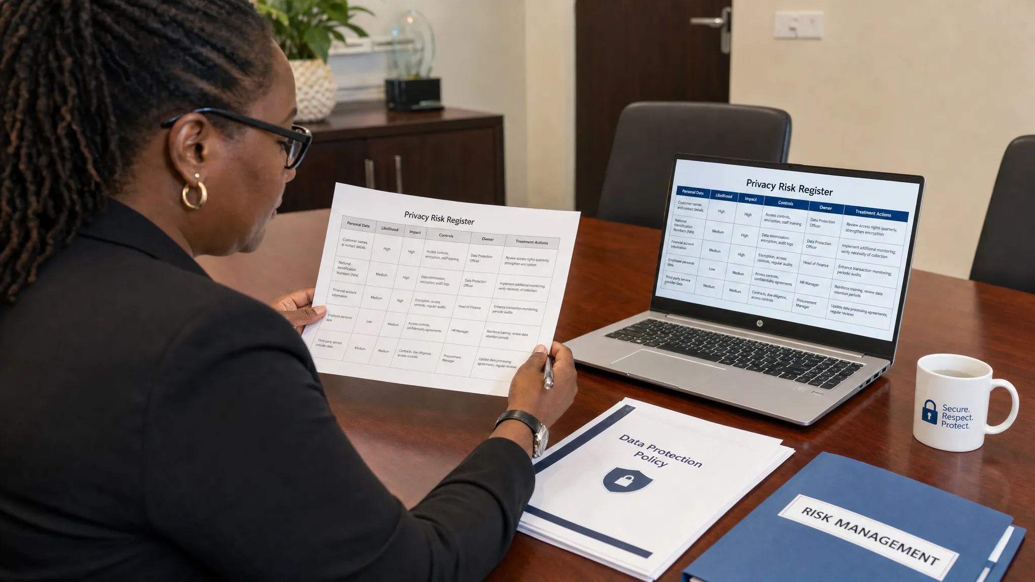A risk manager reviewing a privacy risk register with columns for personal data, likelihood, impact, controls, owner, and treatment actions on a meeting table with printed documents, a file folder, and a laptop screen facing the camera.