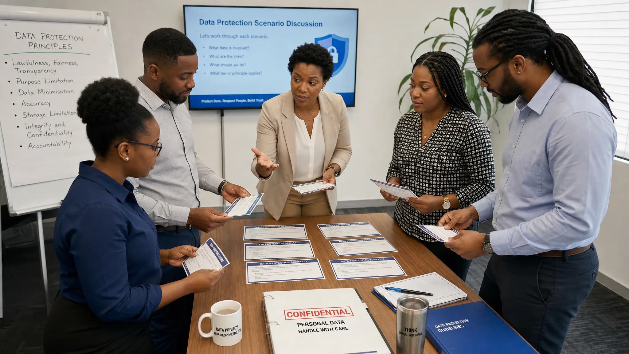 A group of employees standing around a meeting table reviewing printed data protection scenario cards, with a facilitator guiding the discussion and confidential documents laid out on the table.