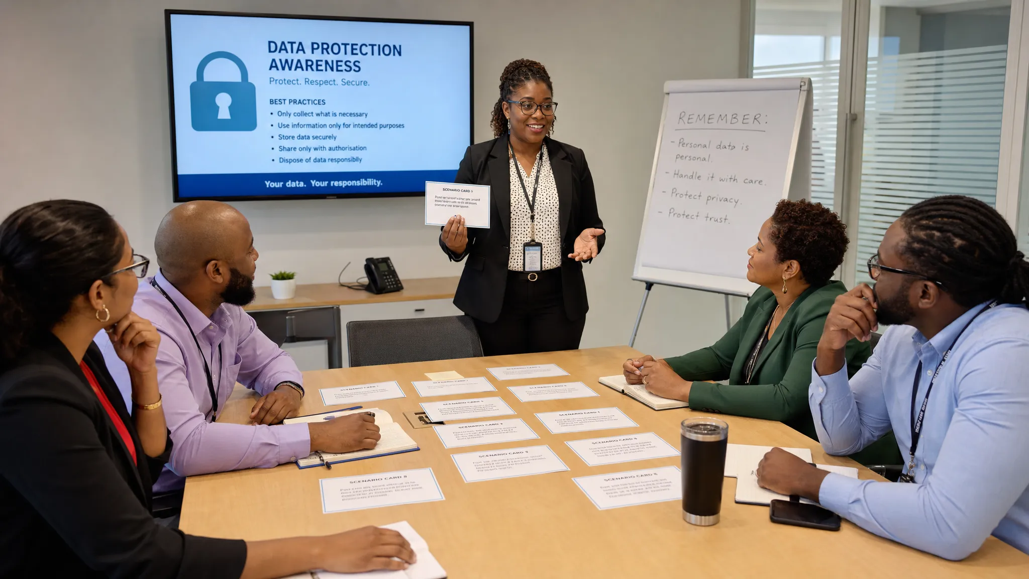 A diverse group of office employees taking part in a data protection awareness workshop, with printed privacy scenario cards spread across a meeting table and a facilitator guiding a discussion about safe handling of personal information.