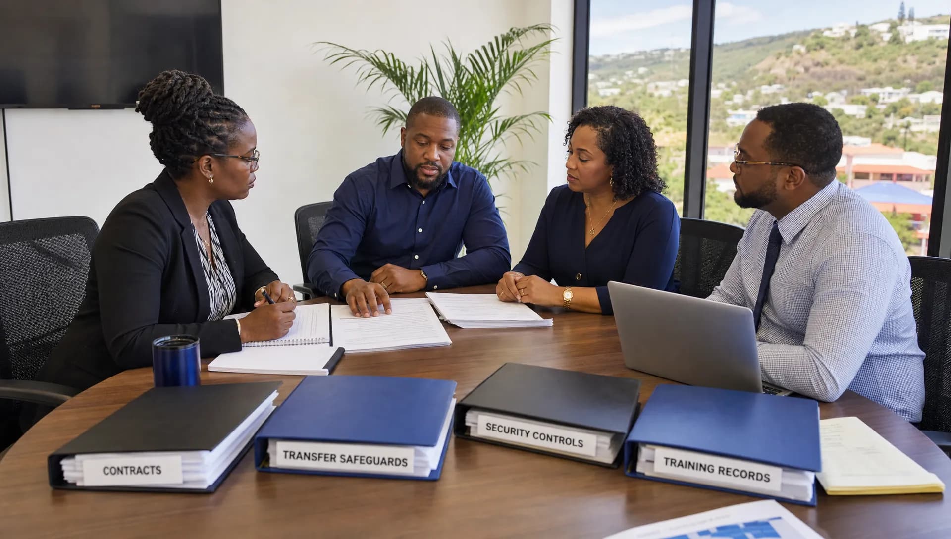 A Caribbean compliance team table holds contracts, transfer safeguards, security controls and training records for GDPR vendor review.