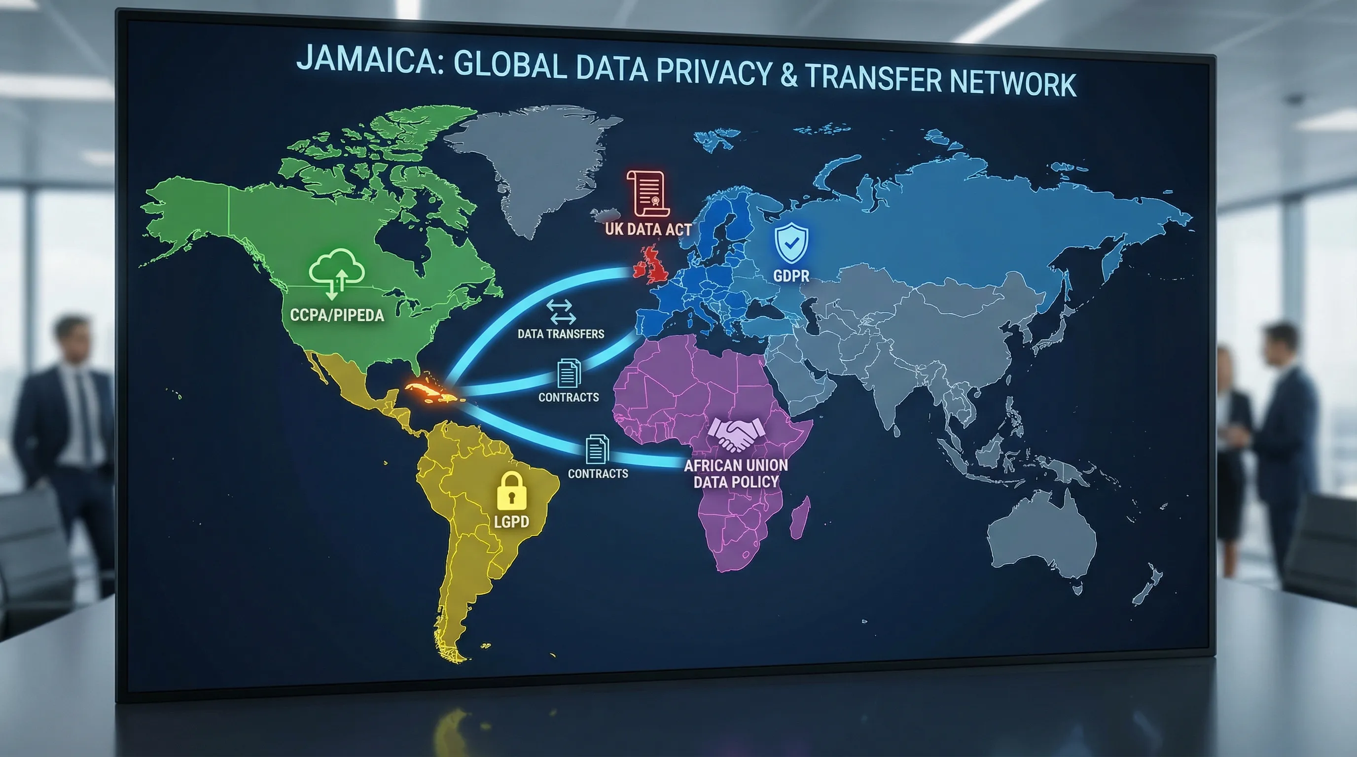 A world map graphic showing Jamaica highlighted and connected lines to major regions (EU, UK, North America, Latin America, Africa), with simple icons representing privacy laws, contracts, and data transfers.